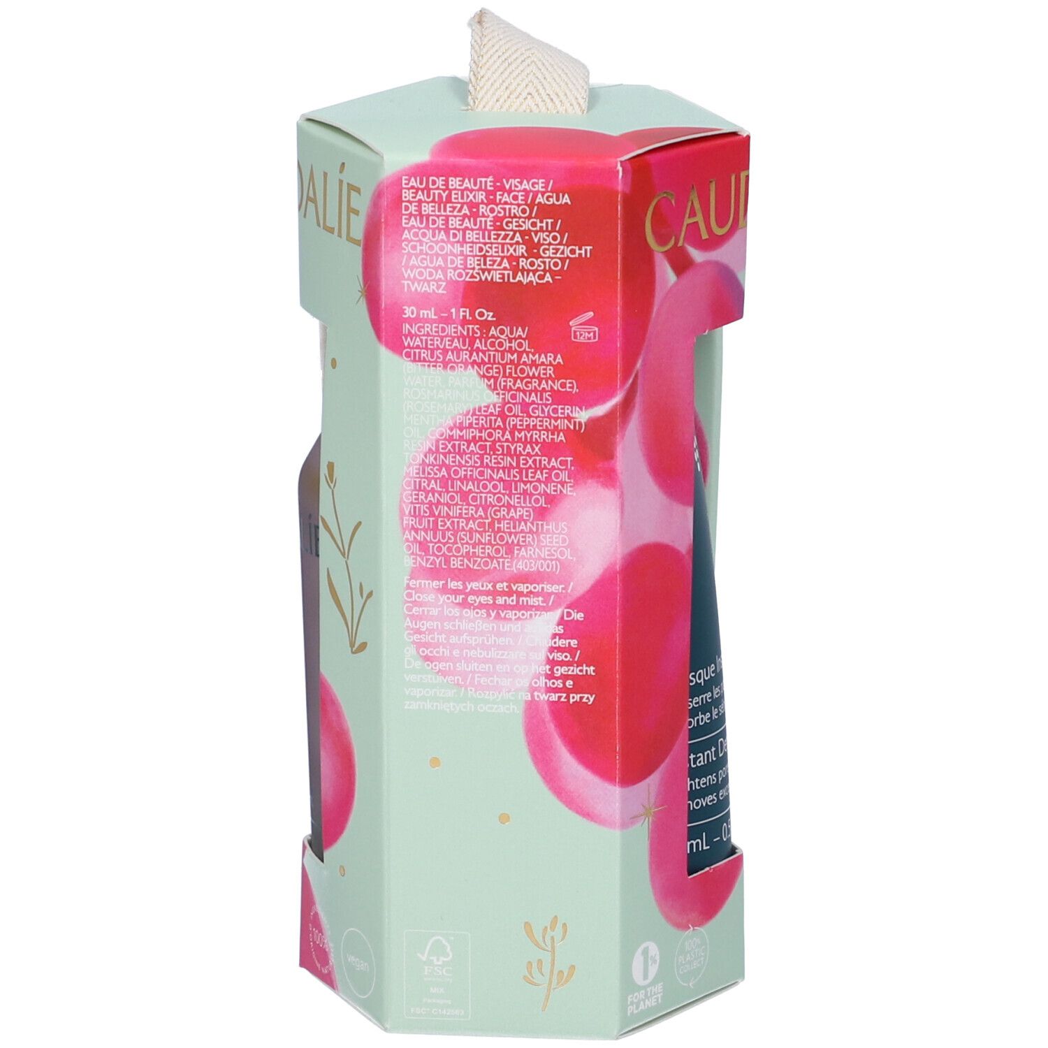 Retro della confezione regalo. Testo e informazioni sul prodotto. Verde menta con dettagli rosa.