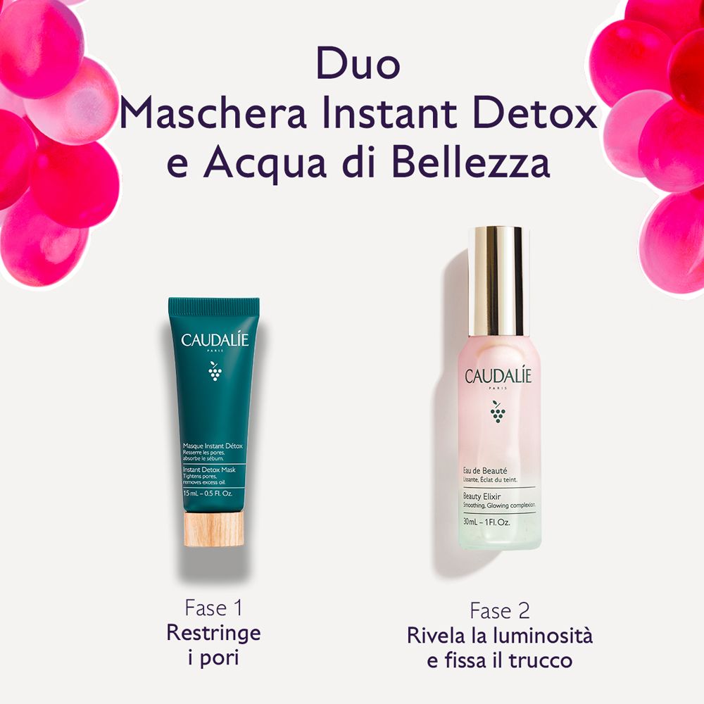 Duo Maschera Instant Detox e Acqua di Bellezza. Due prodotti: tubo e flacone. Testo: Fase 1, Fase 2.