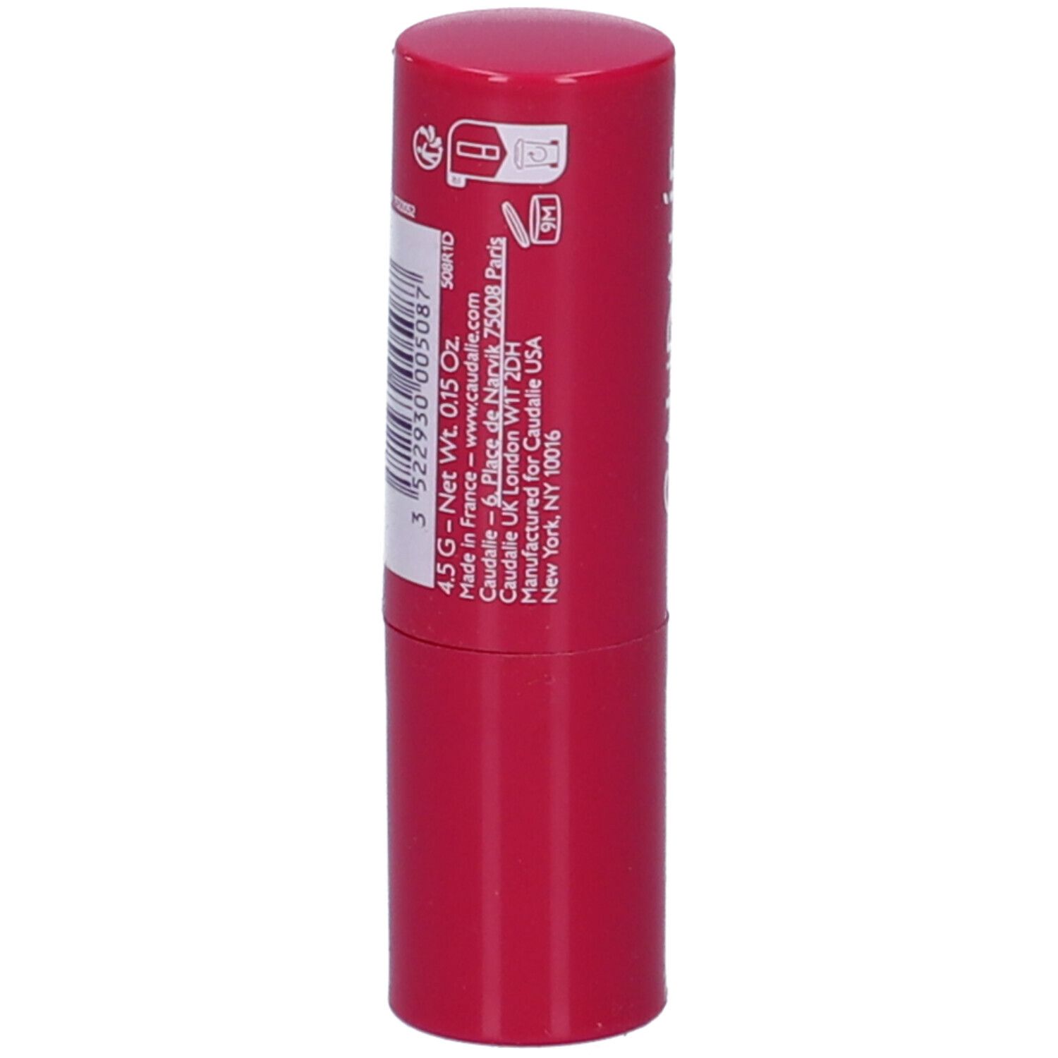 Stick di balsamo labbra rosso. Retro con informazioni sul prodotto.