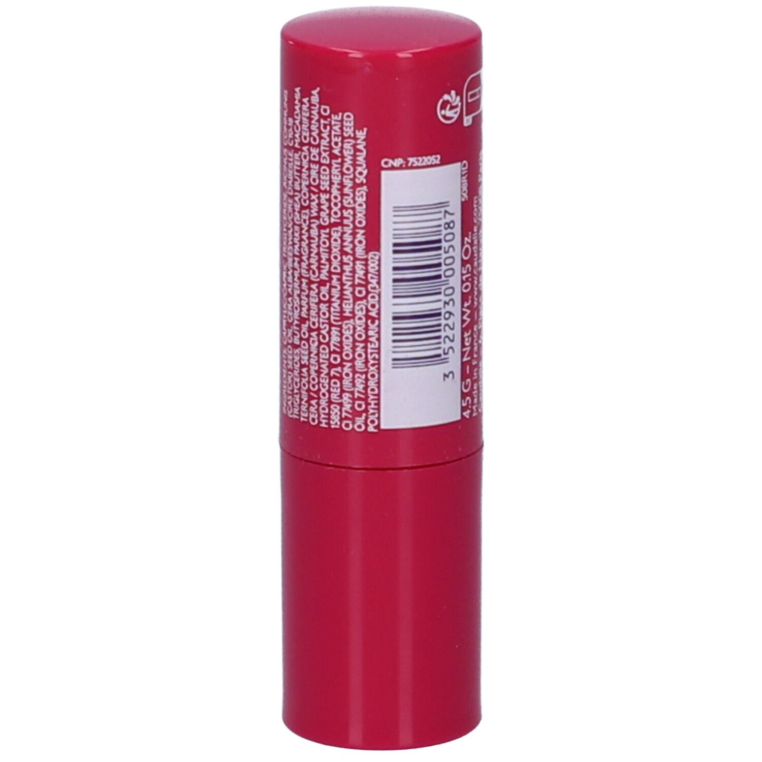 Stick di balsamo labbra rosso. Retro con informazioni sul prodotto.