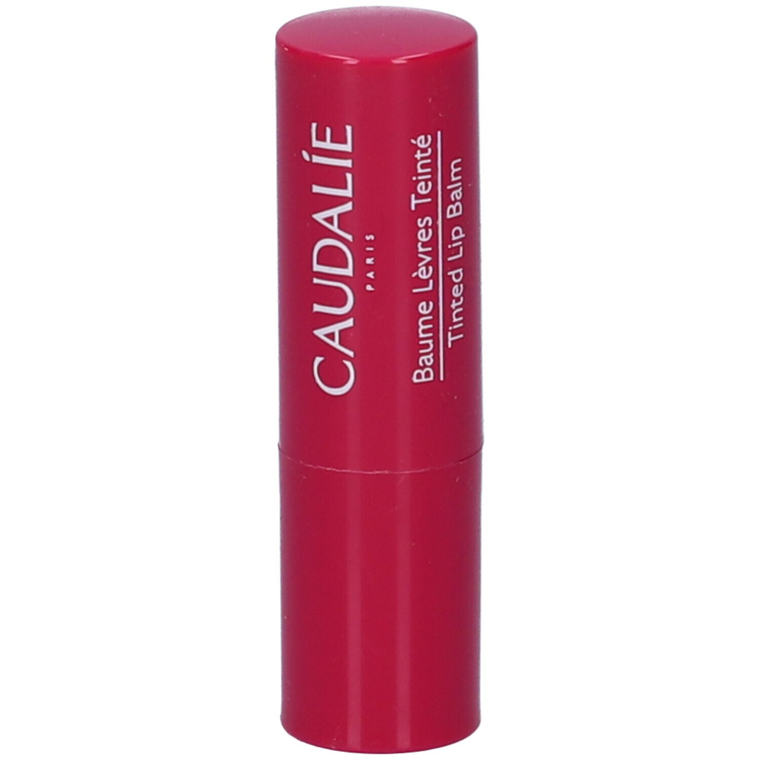 Stick di balsamo labbra rosso. Logo Caudalie e nome del prodotto.