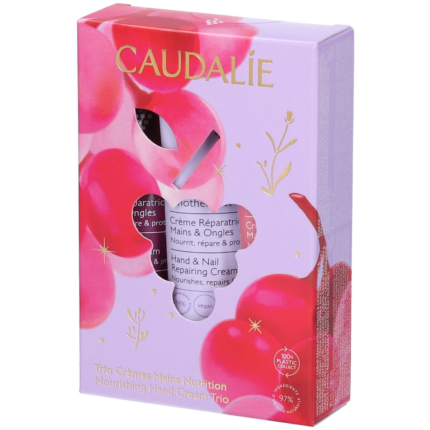 Cofanetto Caudalie Trio Creme Mani. Tre creme mani. Loghi e nomi dei prodotti visibili. Design floreale.