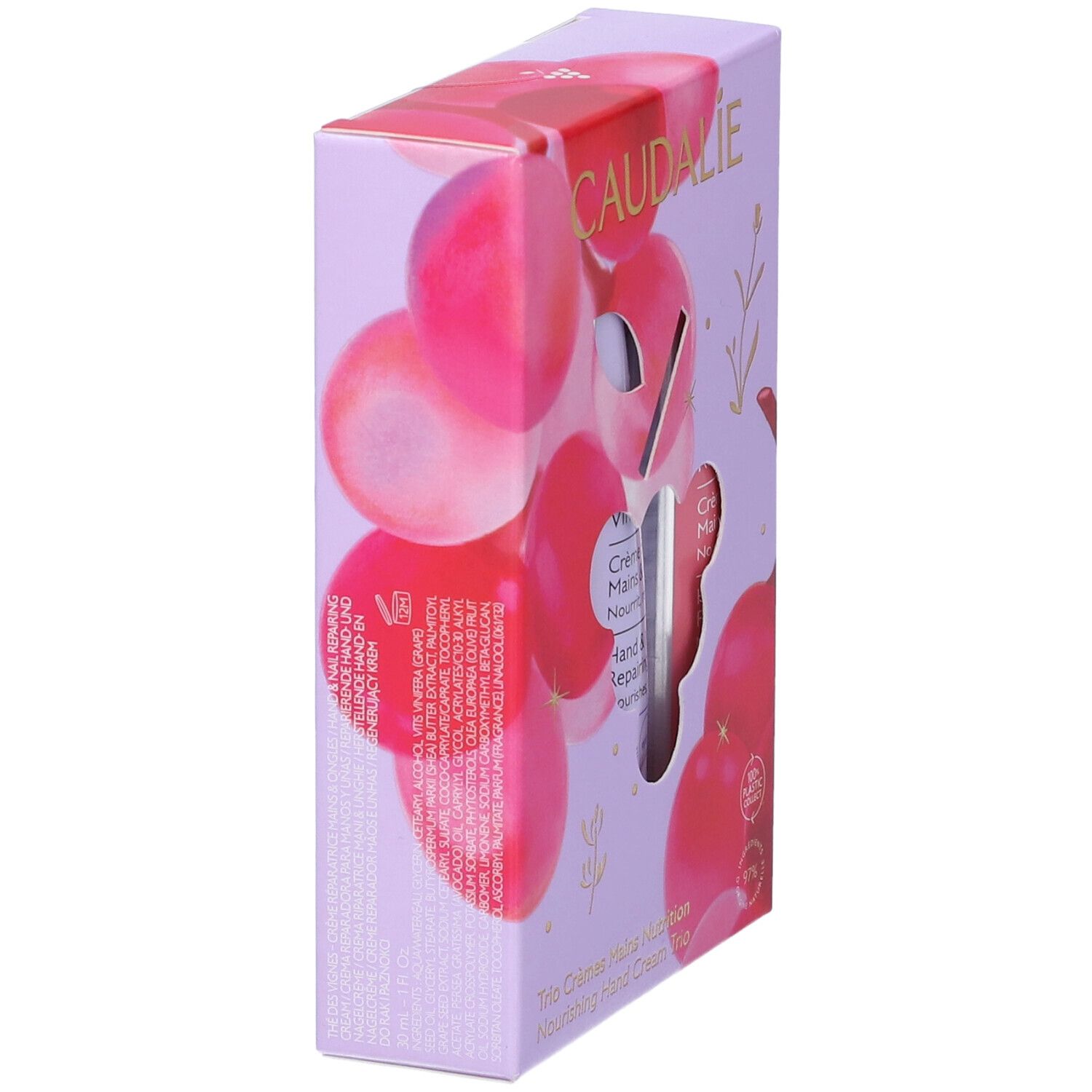 Cofanetto Caudalie Trio Creme Mani. Tre creme mani. Loghi e nomi dei prodotti visibili. Design floreale.