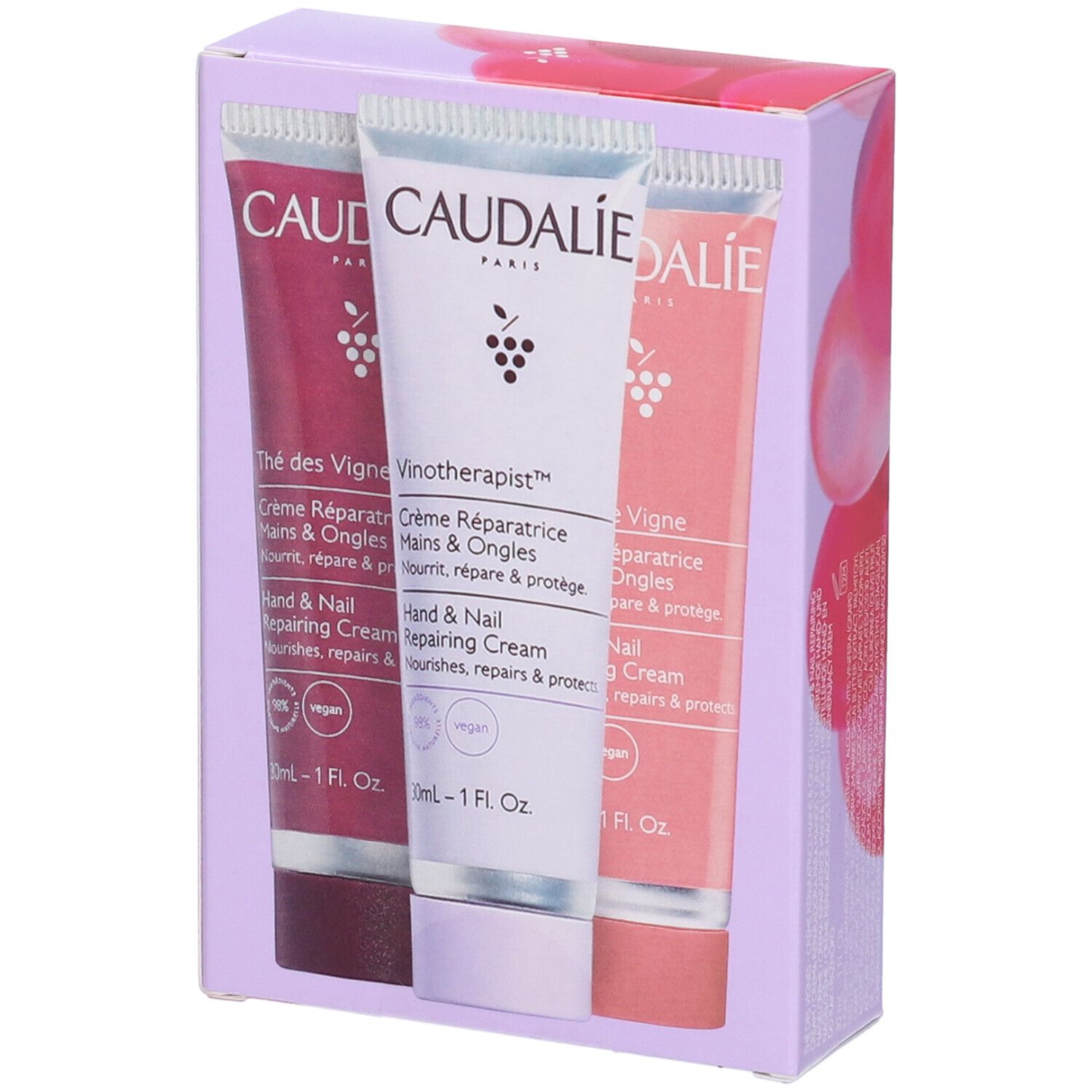 Tre creme mani Caudalie. Nomi: Thé des Vignes, Vinotherapist, Rose de Vigne. Confezione.