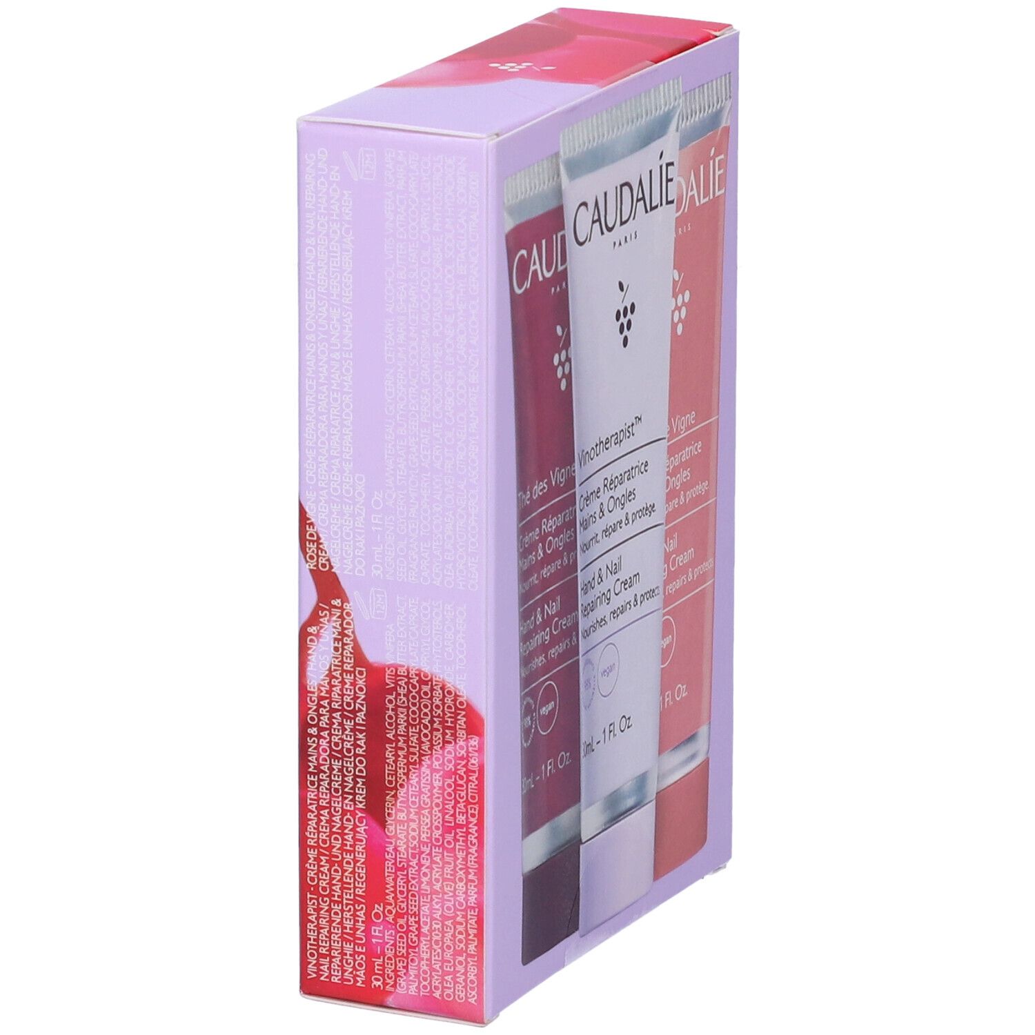 Cofanetto Caudalie Trio Creme Mani. Tre creme mani. Loghi e nomi dei prodotti visibili. Design floreale.