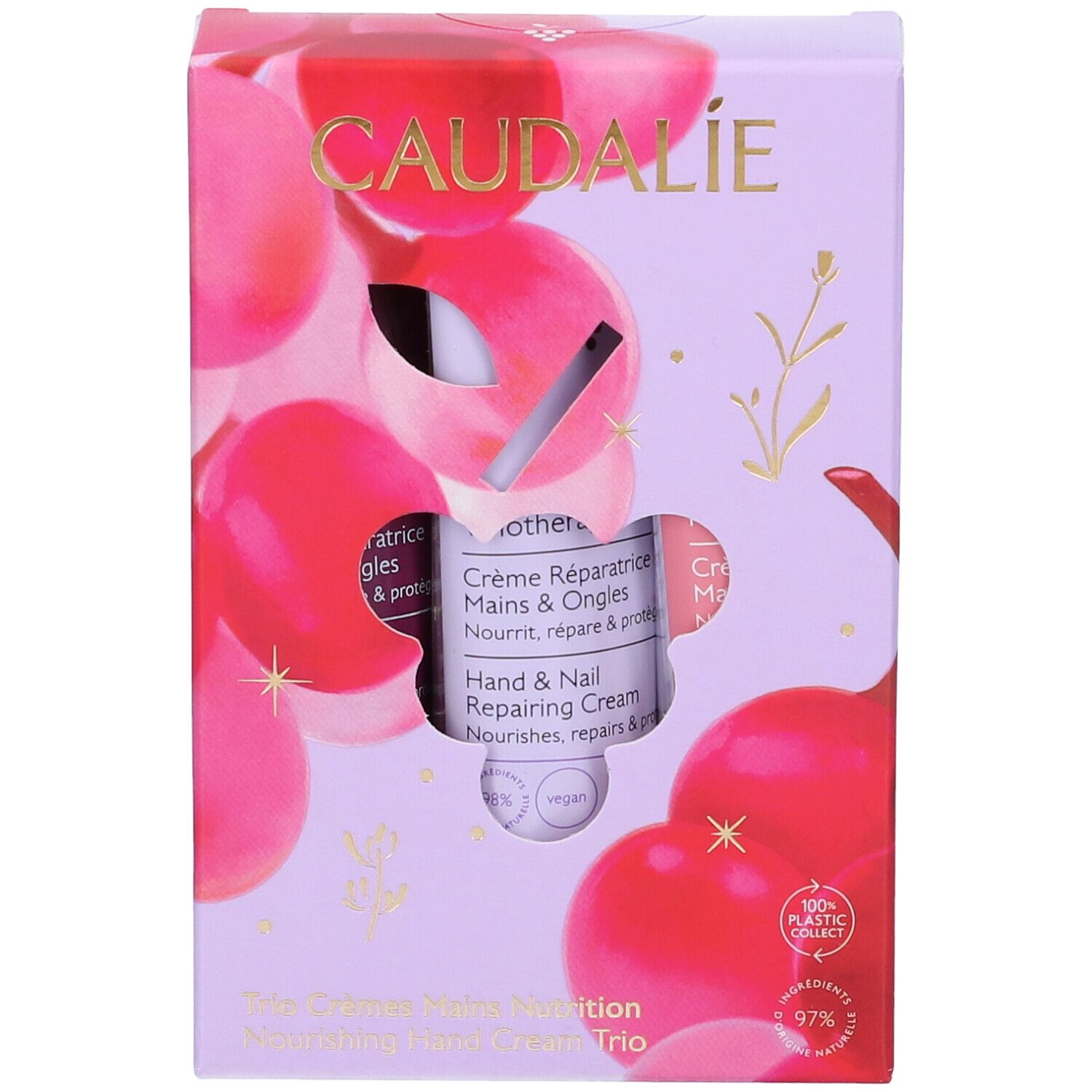 Cofanetto Caudalie Trio Creme Mani. Tre creme mani. Loghi e nomi dei prodotti visibili. Design floreale.