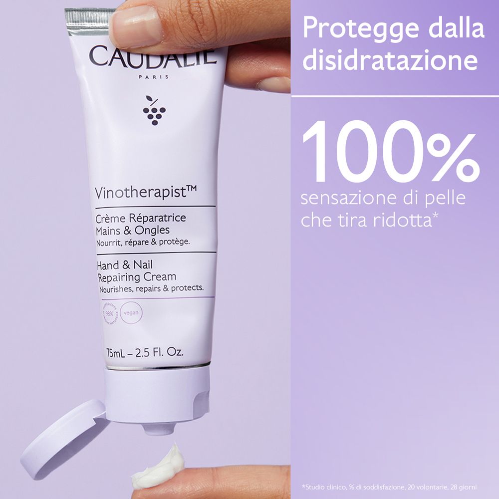 Caudalie Vinotherapist Crema Mani e Unghie. Tubo di crema. Testo: Hand & Nail Repairing Cream. 75ml.
