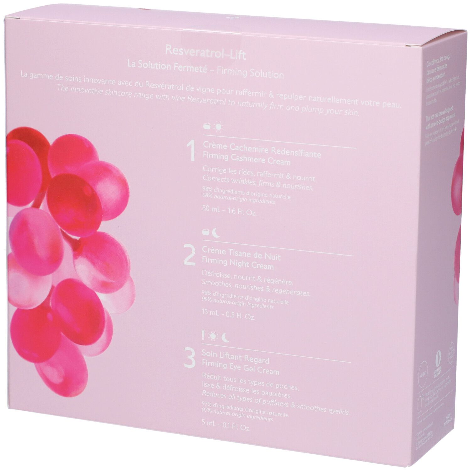 Retro della confezione regalo rosa. Testo con informazioni sul prodotto e ingredienti.