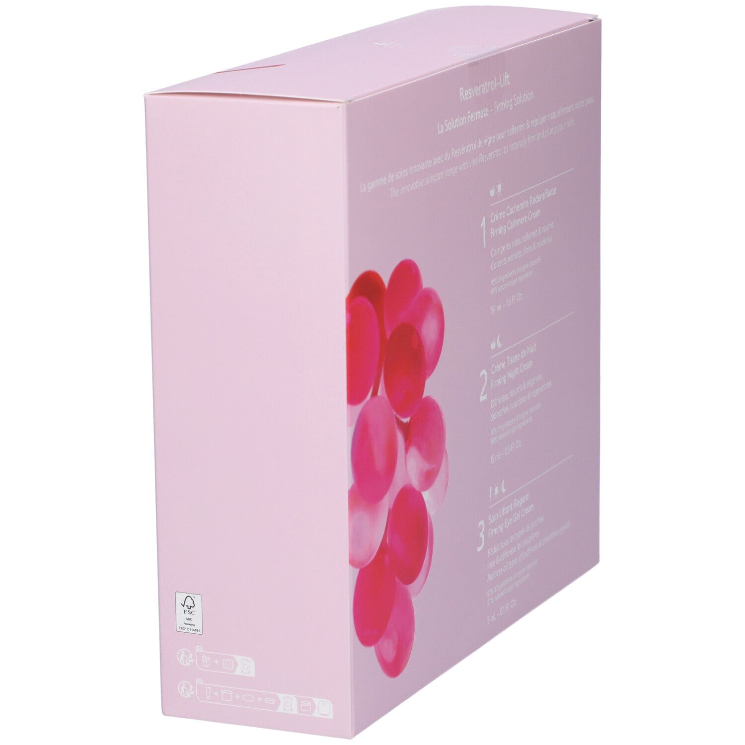 Vista laterale della confezione regalo rosa. Testo e grappoli rosa come decorazione.