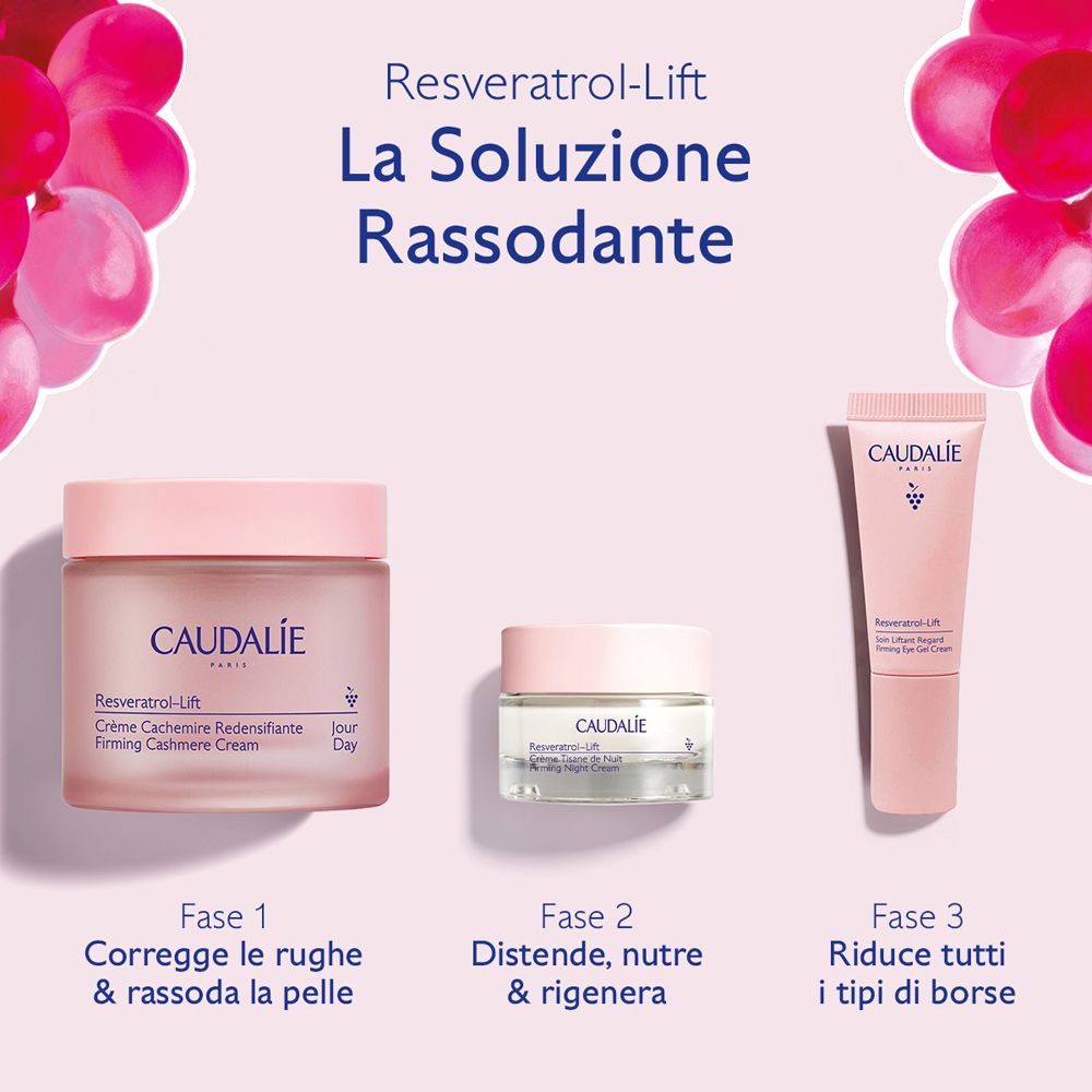 Tre prodotti Caudalie: crema, crema piccola e tubetto. Testo: La Soluzione Rassodante. Sfondo rosa.