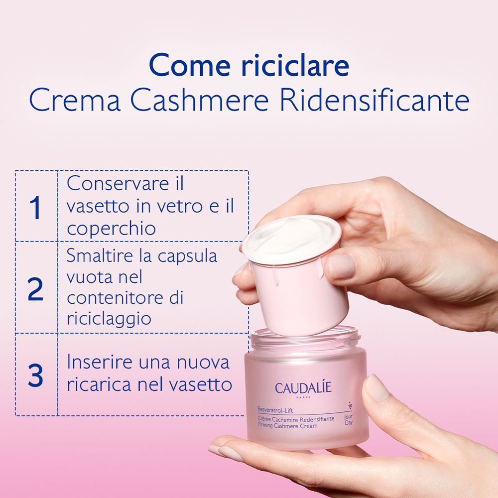 Istruzioni per il riciclo della crema. Vasetto e coperchio della crema. Testo: Caudalie.