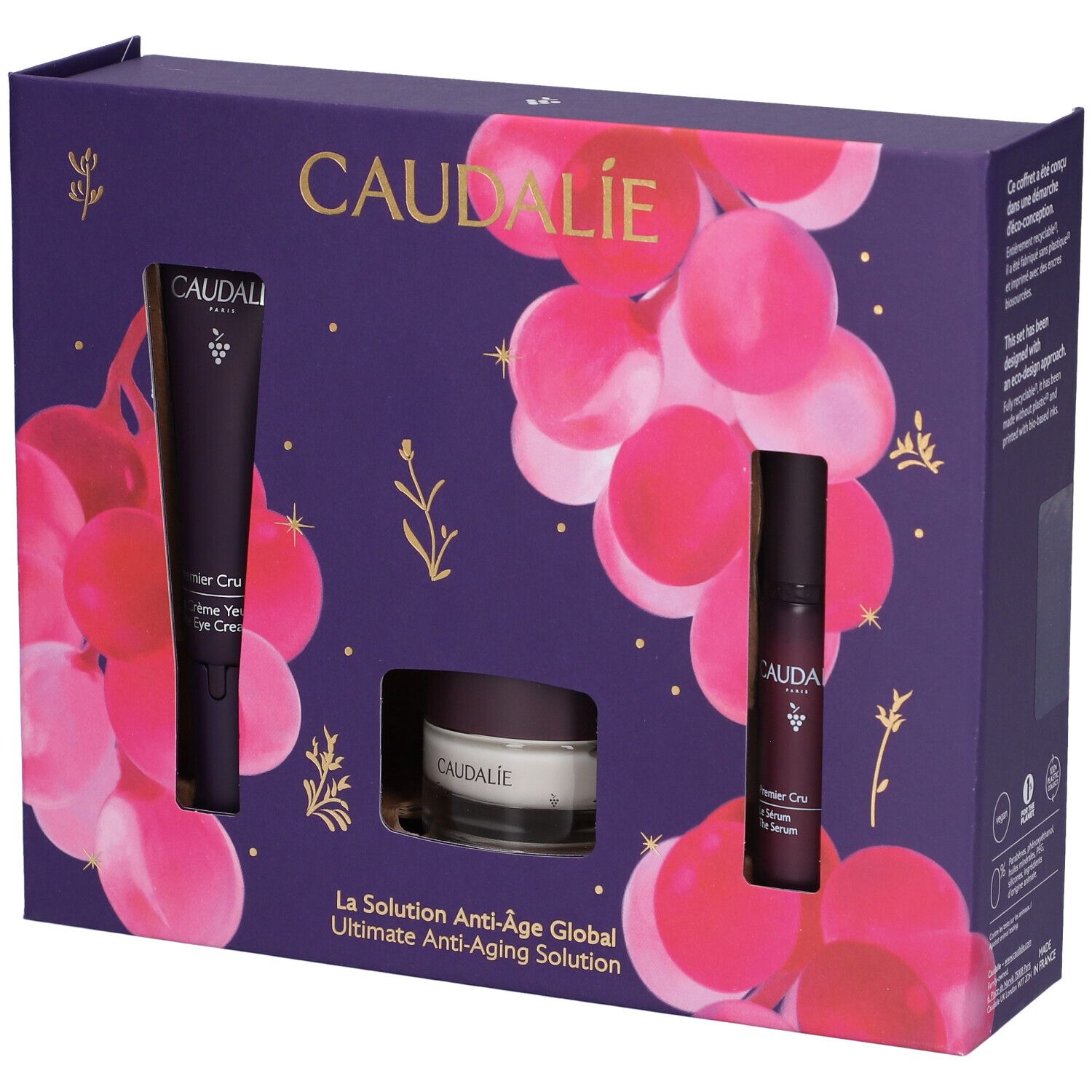 Cofanetto Caudalie Premier Cru. Contiene crema occhi, crema e siero. Confezione viola.