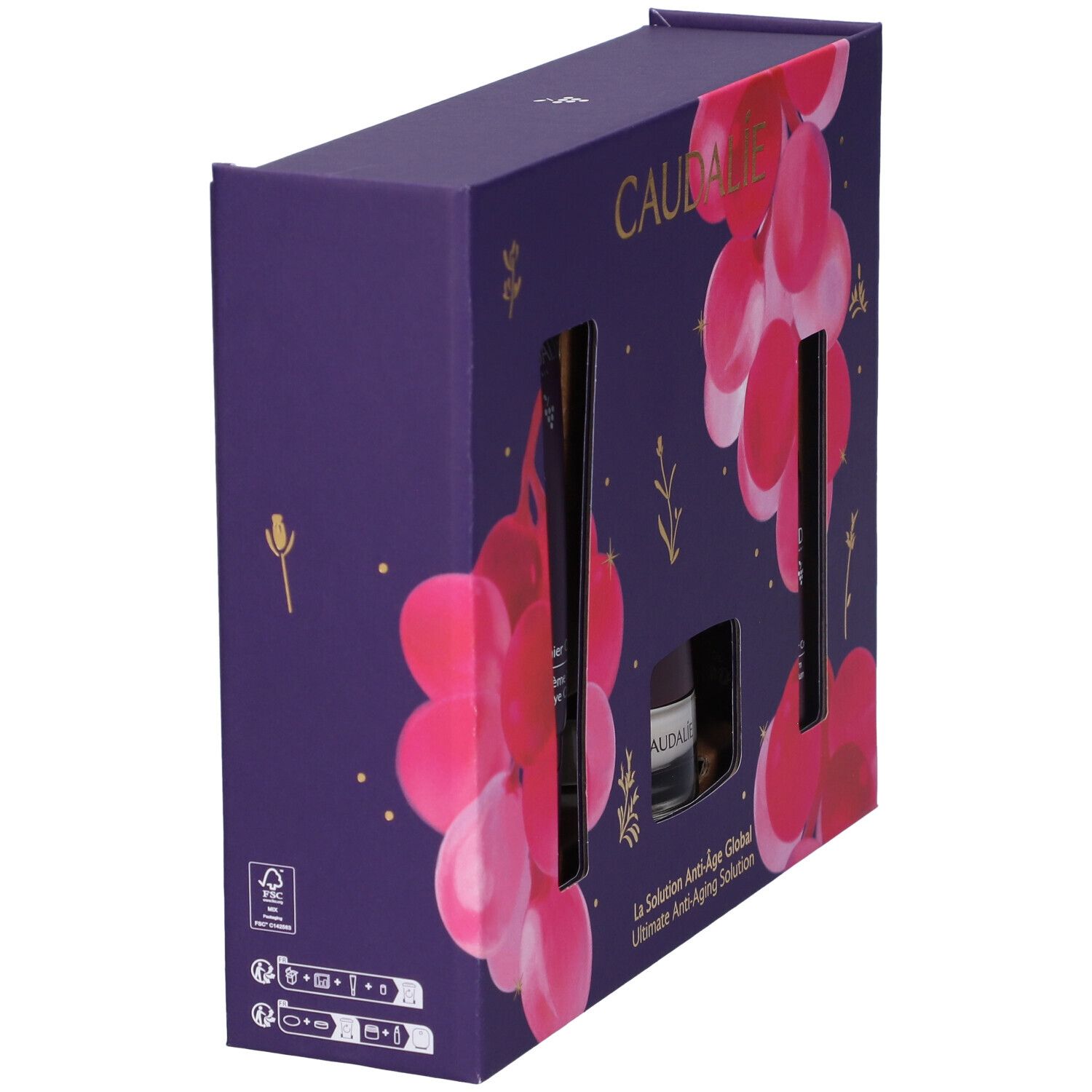 Cofanetto Caudalie Premier Cru. Confezione viola. Vista laterale. Testo e loghi.