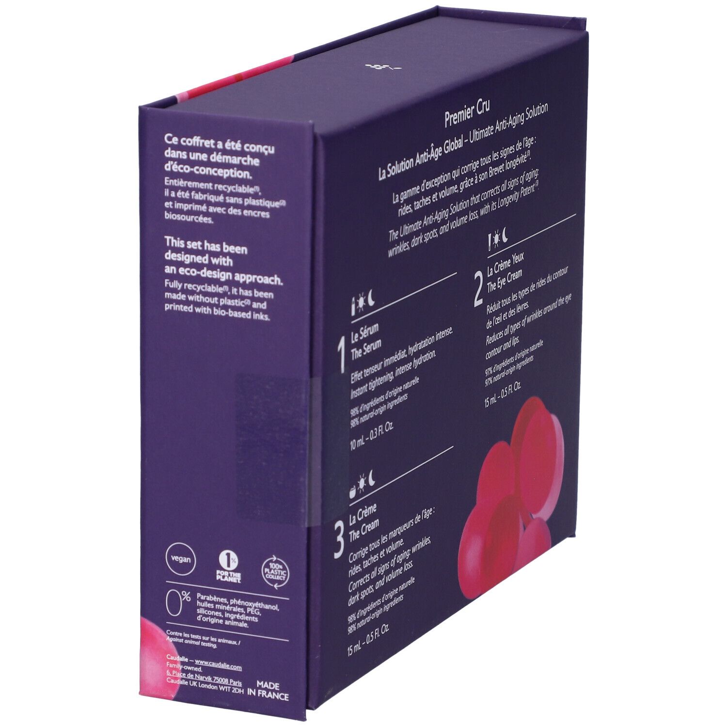 Lato del cofanetto Caudalie Premier Cru. Testo e loghi. Produzione eco-compatibile.