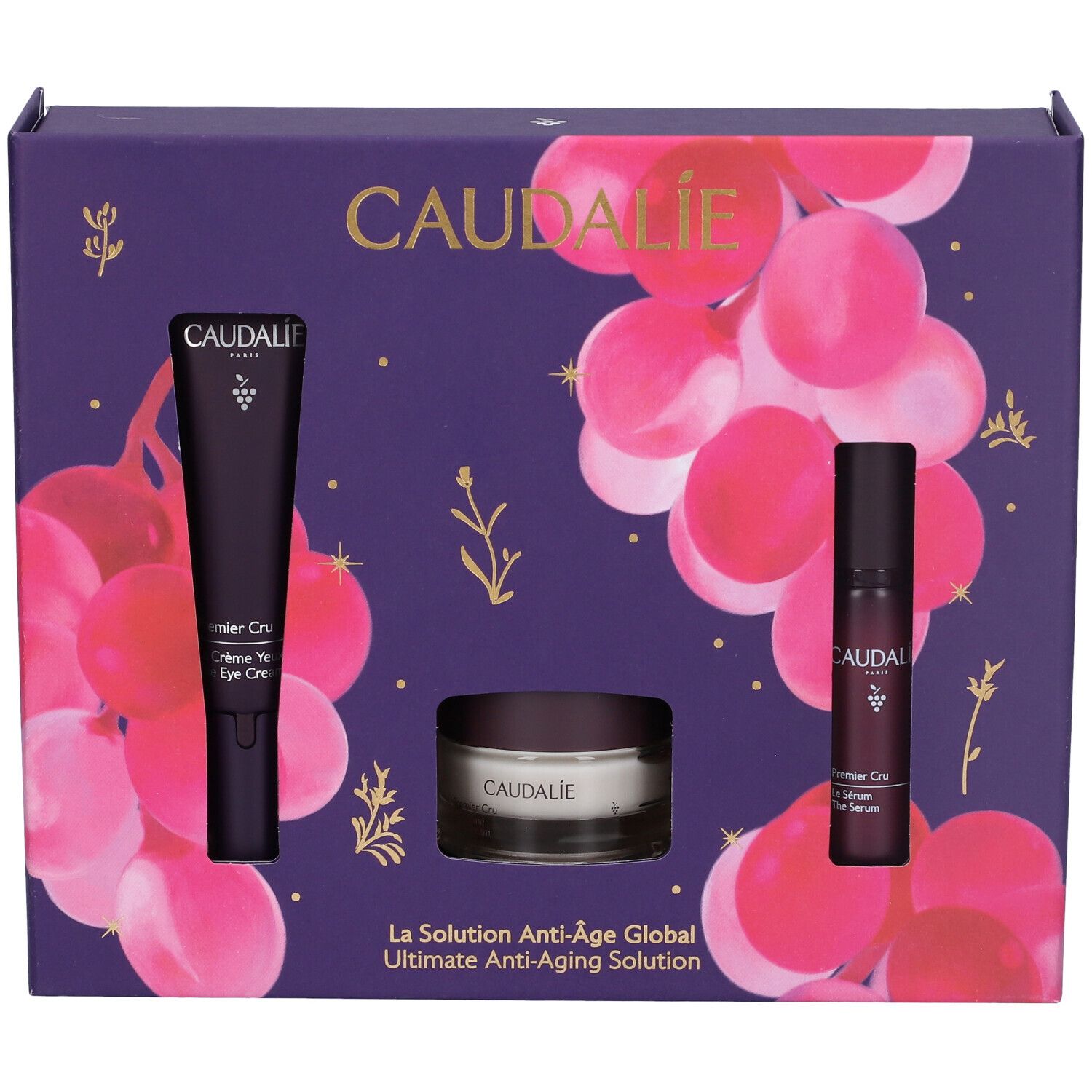 Cofanetto Caudalie Premier Cru. Contiene crema occhi, crema e siero. Confezione viola.