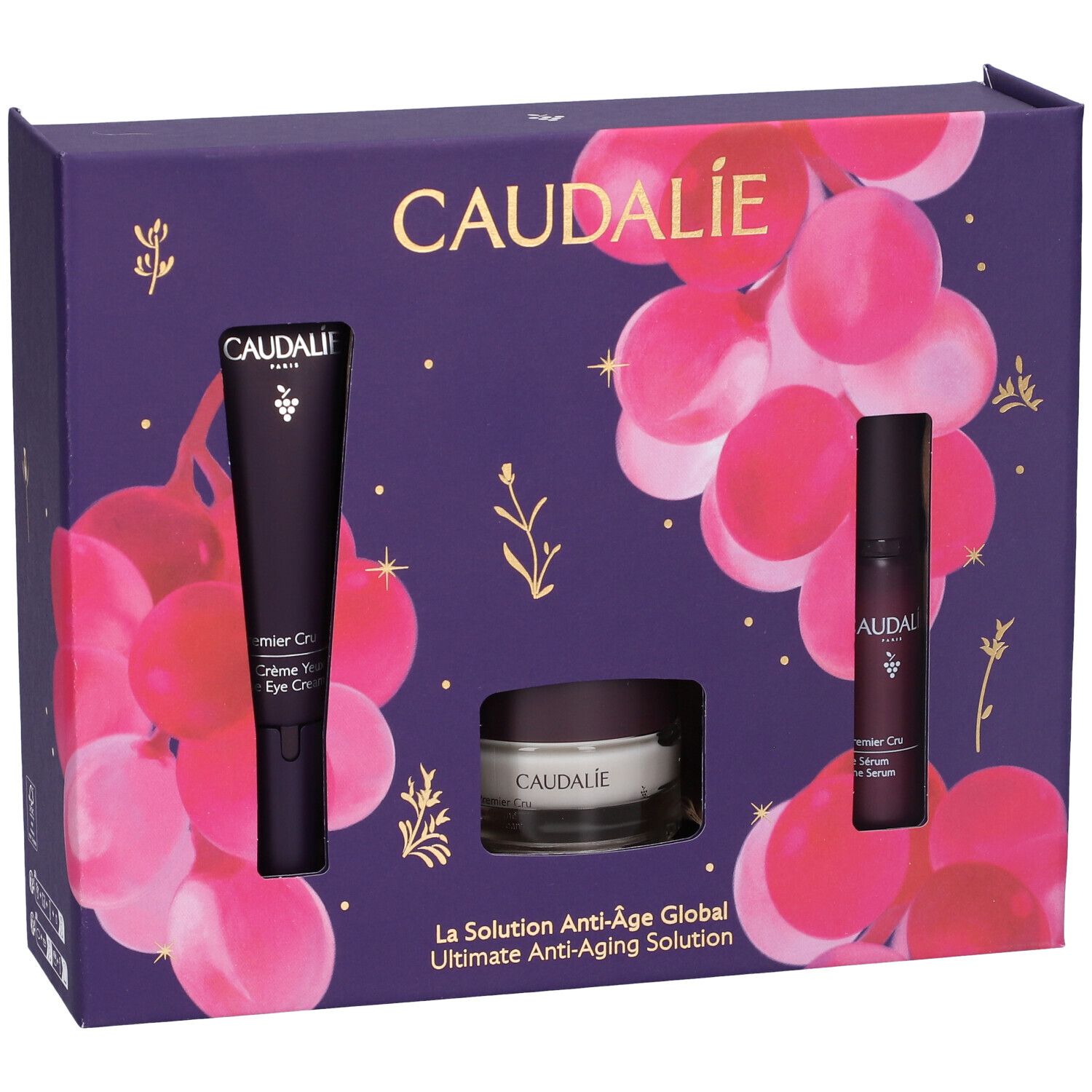 Cofanetto Caudalie Premier Cru. Contiene crema occhi, crema e siero. Confezione viola.