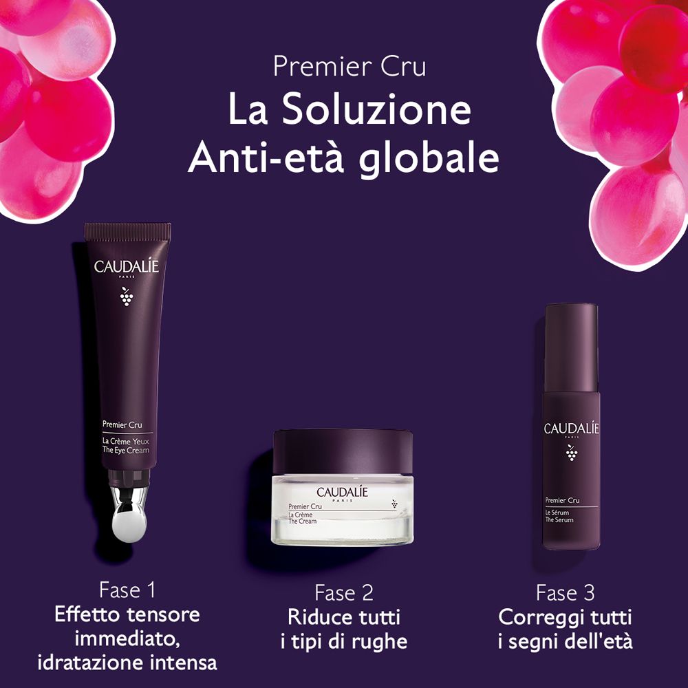 Prodotti Caudalie Premier Cru. Crema occhi, crema e siero. Testo: Soluzione Anti-età. Sfondo viola.