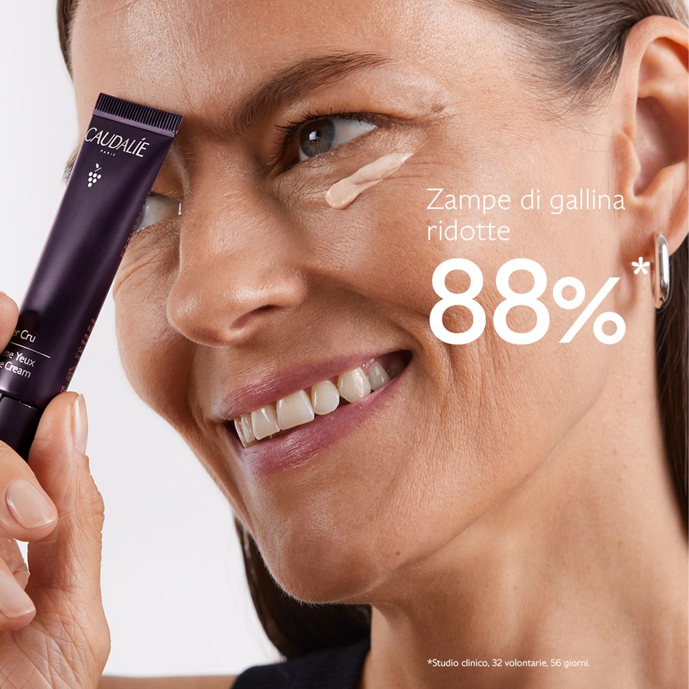 Donna con crema occhi. Testo: 88% riduzione zampe di gallina. Crema occhi Caudalie Premier Cru.