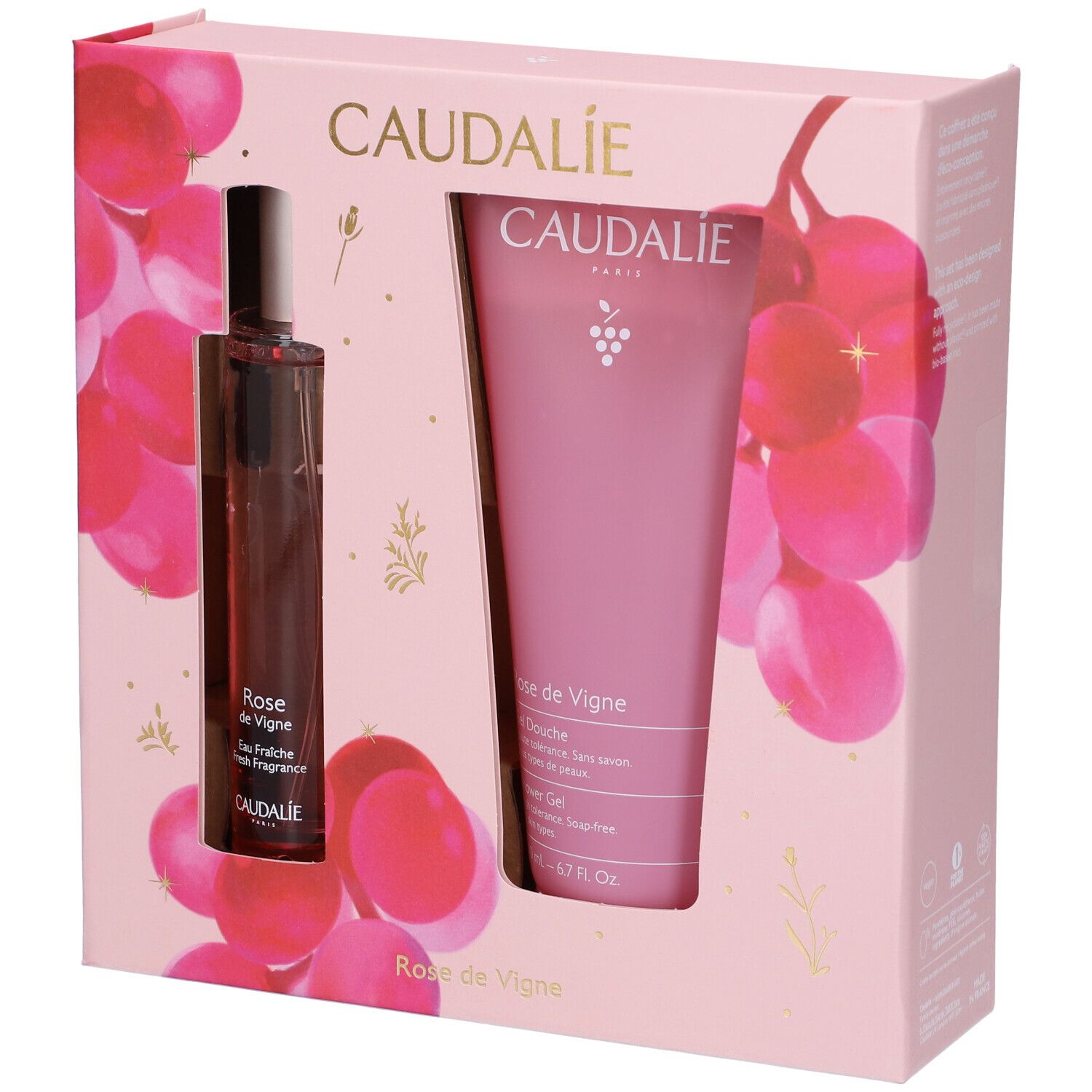 Cofanetto regalo con due prodotti. Flacone e tubo in confezione rosa. Logo Caudalie e scritta Rose de Vigne.