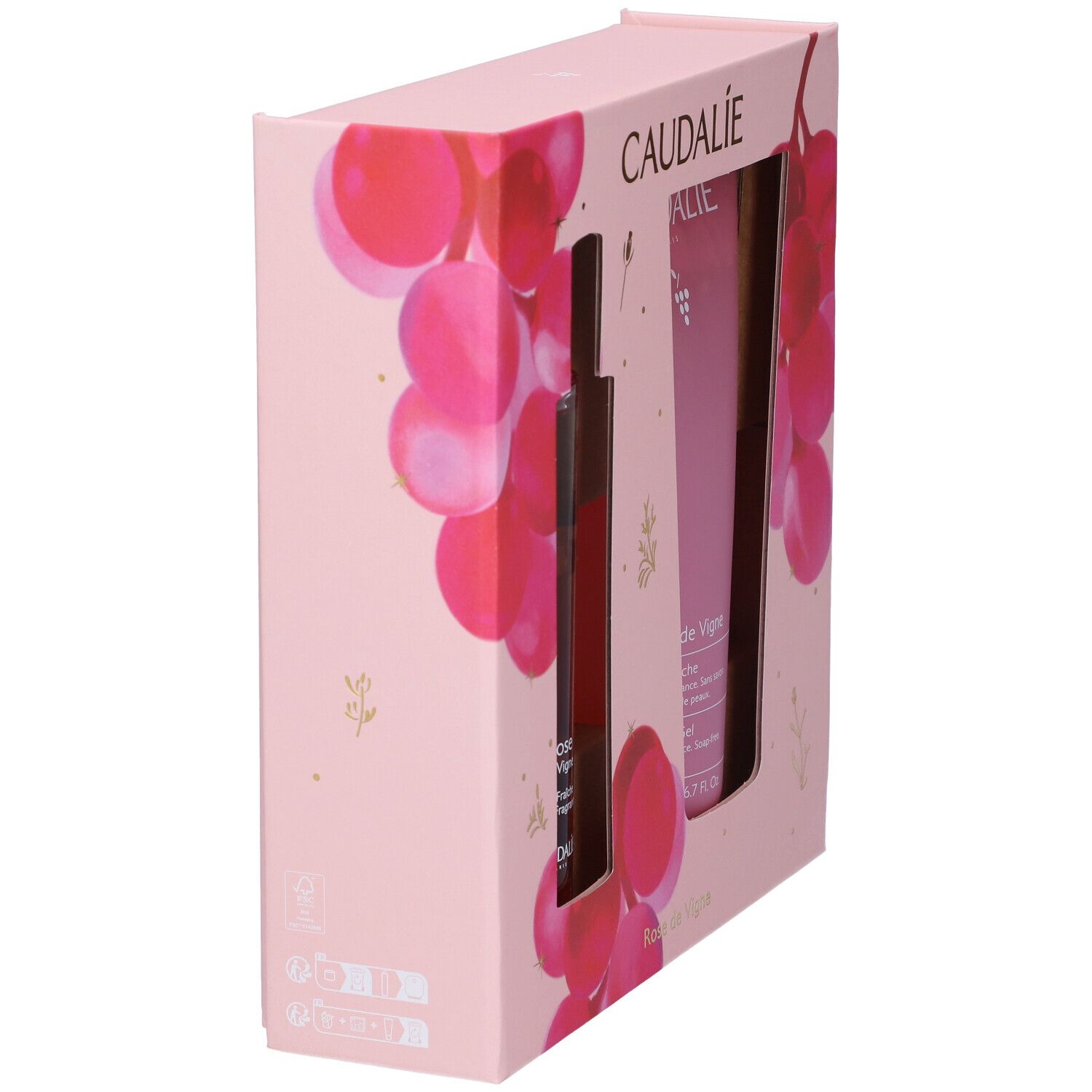 Scatola regalo rosa. Logo Caudalie. Prodotti visibili attraverso la finestra. Scritta Rose de Vigne.