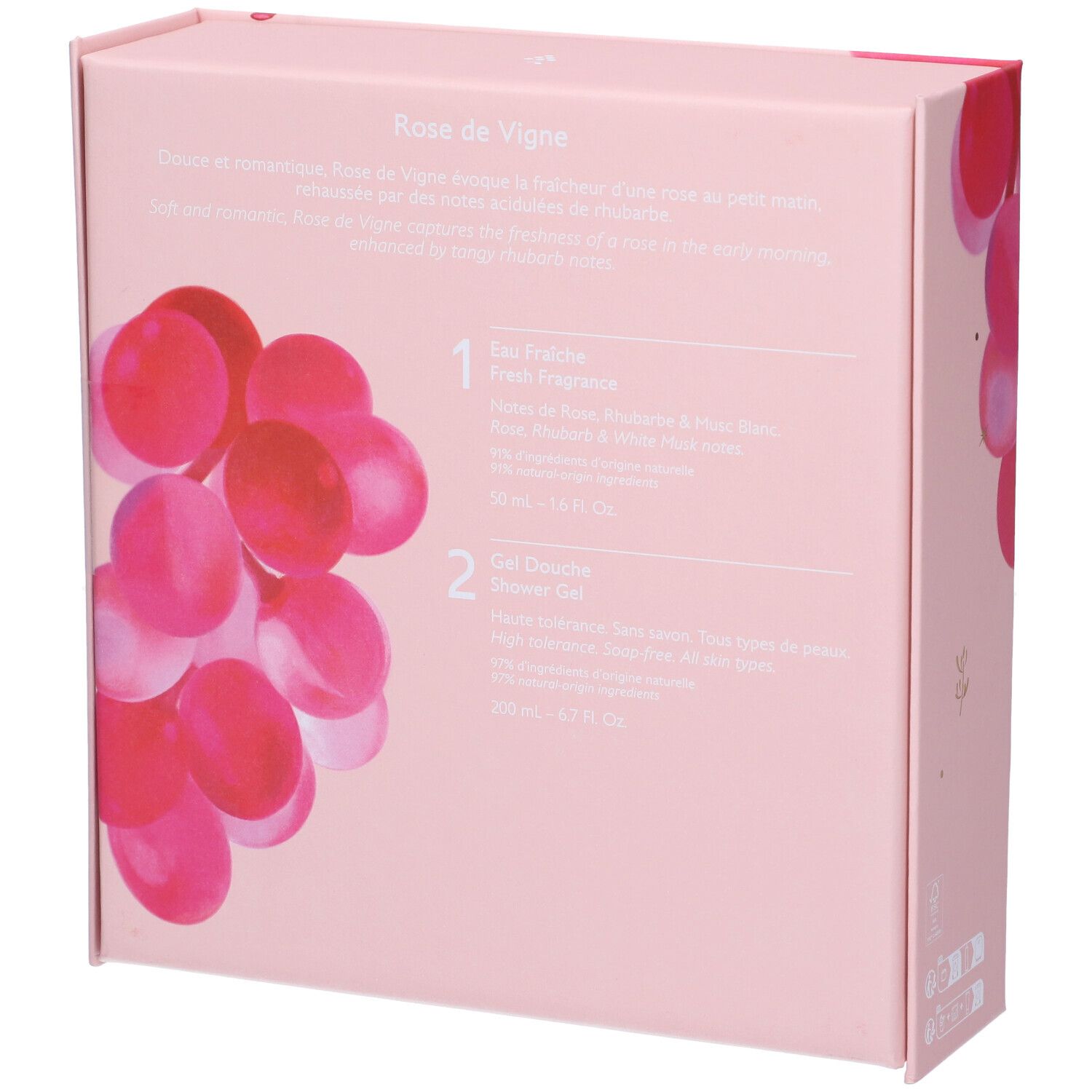 Scatola regalo rosa. Logo Caudalie. Prodotti visibili attraverso la finestra. Scritta Rose de Vigne.