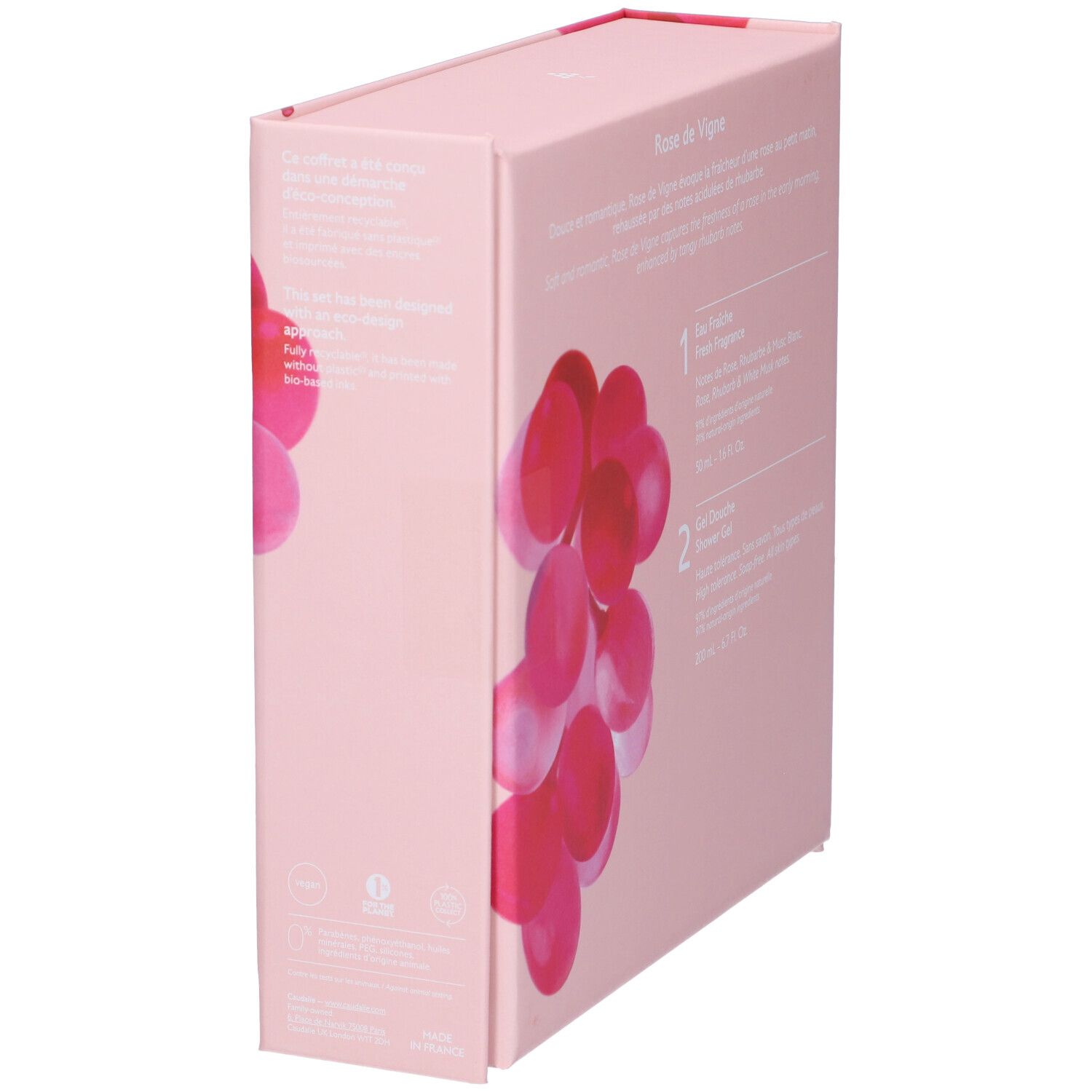 Scatola regalo rosa. Retro con testo e illustrazioni. Scritta Rose de Vigne.