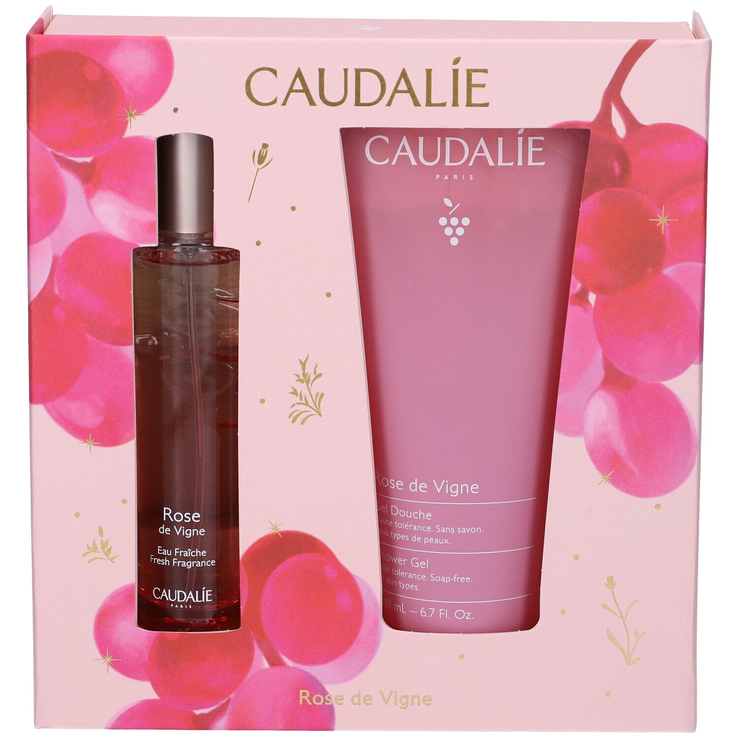 Cofanetto regalo con due prodotti. Flacone e tubo in confezione rosa. Logo Caudalie e scritta Rose de Vigne.