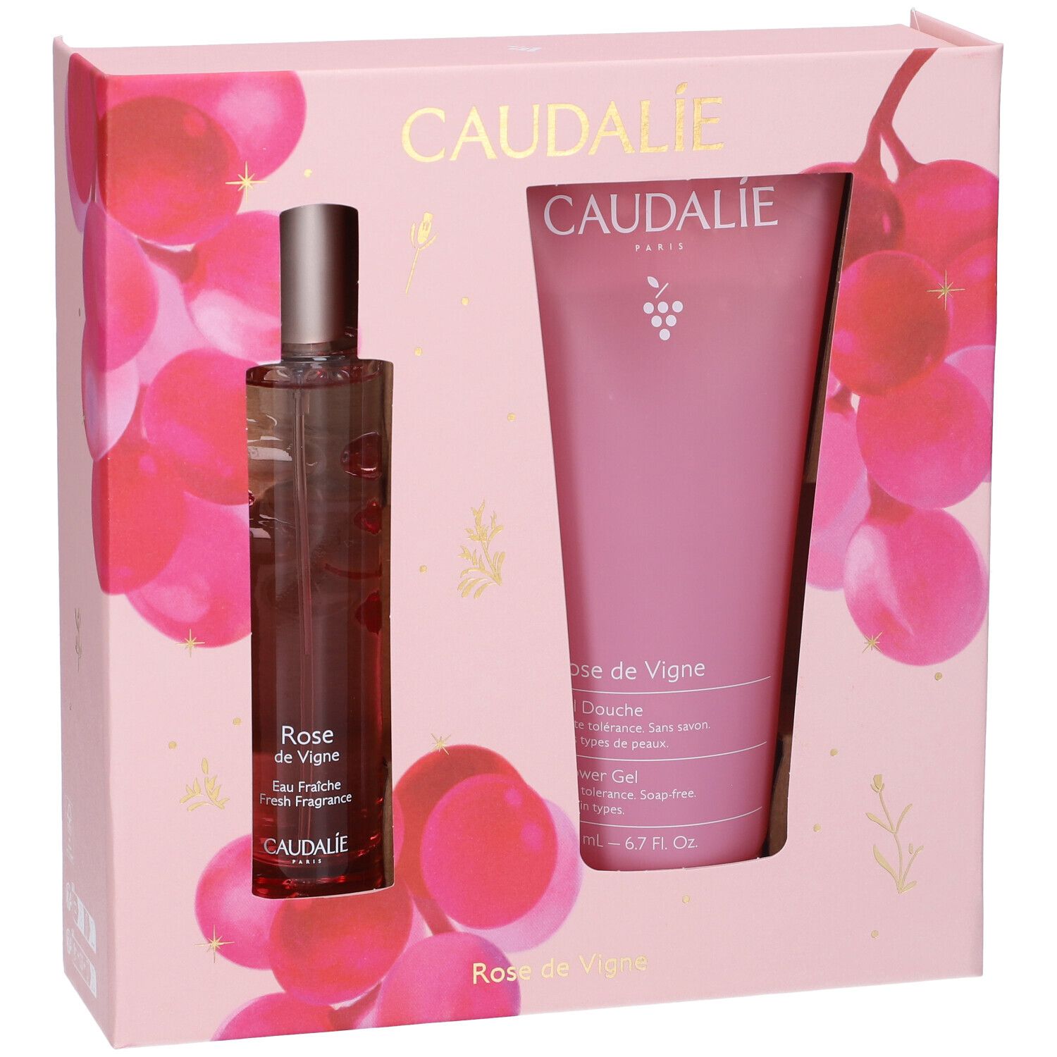 Cofanetto regalo con due prodotti. Flacone e tubo in confezione rosa. Logo Caudalie e scritta Rose de Vigne.