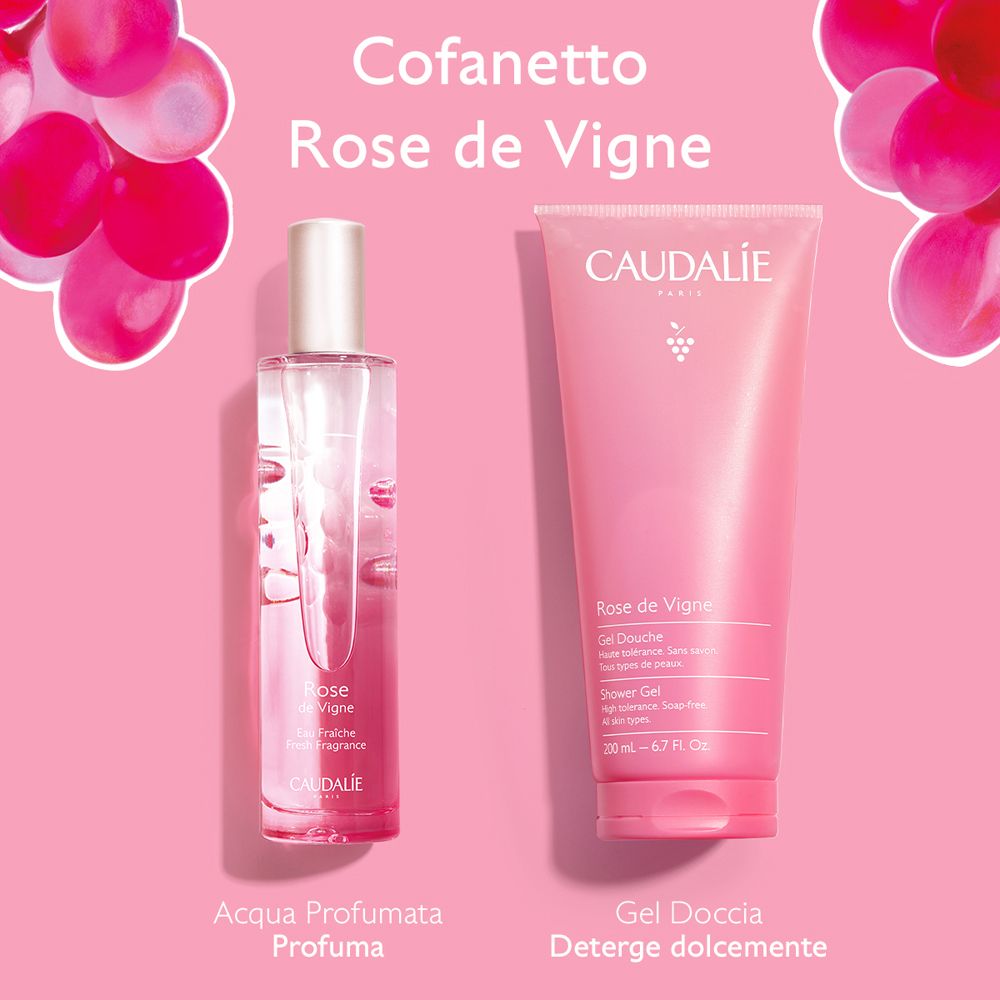 Due prodotti su sfondo rosa. Flacone a sinistra, tubo a destra. Scritte: Cofanetto Rose de Vigne, Acqua Profumata, Gel Doccia.