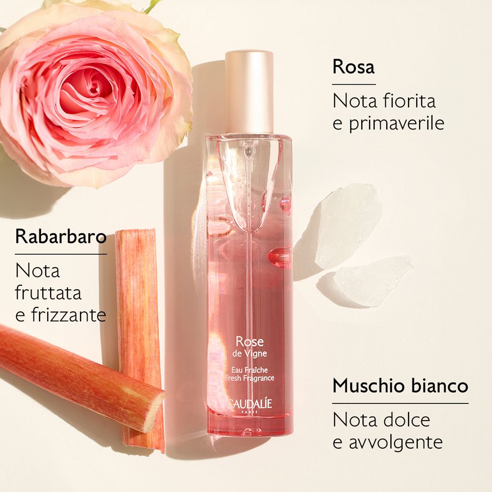 Flacone Rose de Vigne. Note: Rosa, Rabarbaro, Muschio bianco. Scritta: Eau Fraîche Fresh Fragrance. Logo Caudalie.
