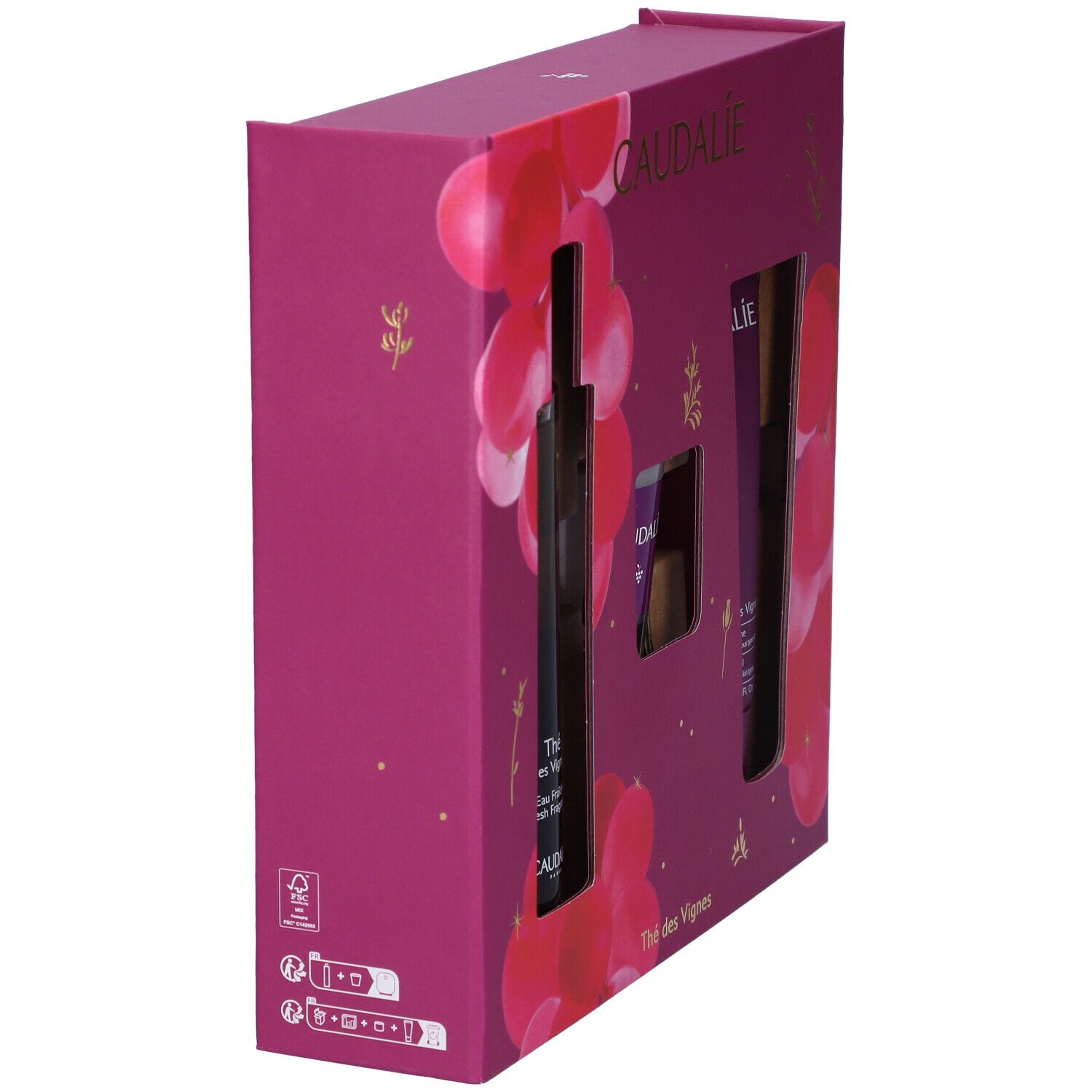 Confezione del set regalo, vista laterale. Viola con motivo floreale. Logo Caudalie. Testo: Thé des Vignes.