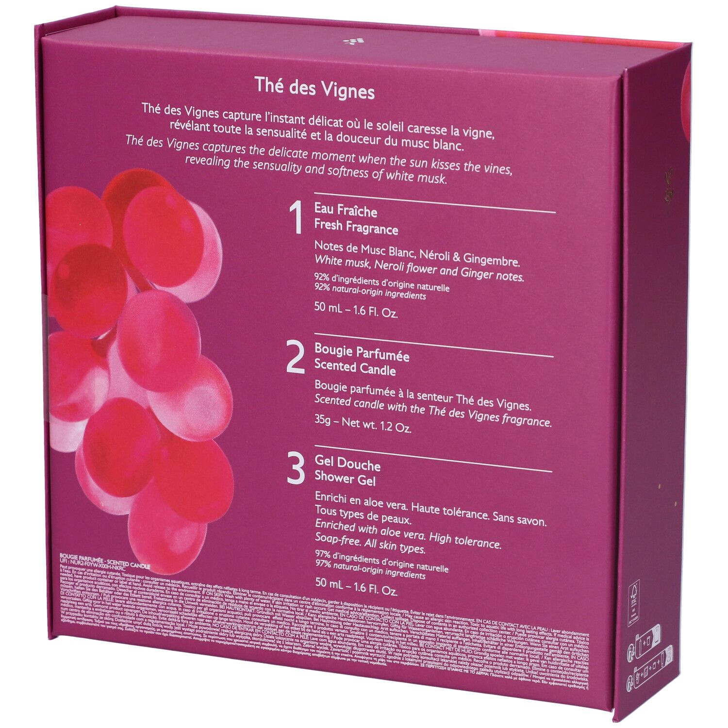 Retro della confezione del set regalo. Testo: Thé des Vignes. Descrizioni dei prodotti. Ingredienti.