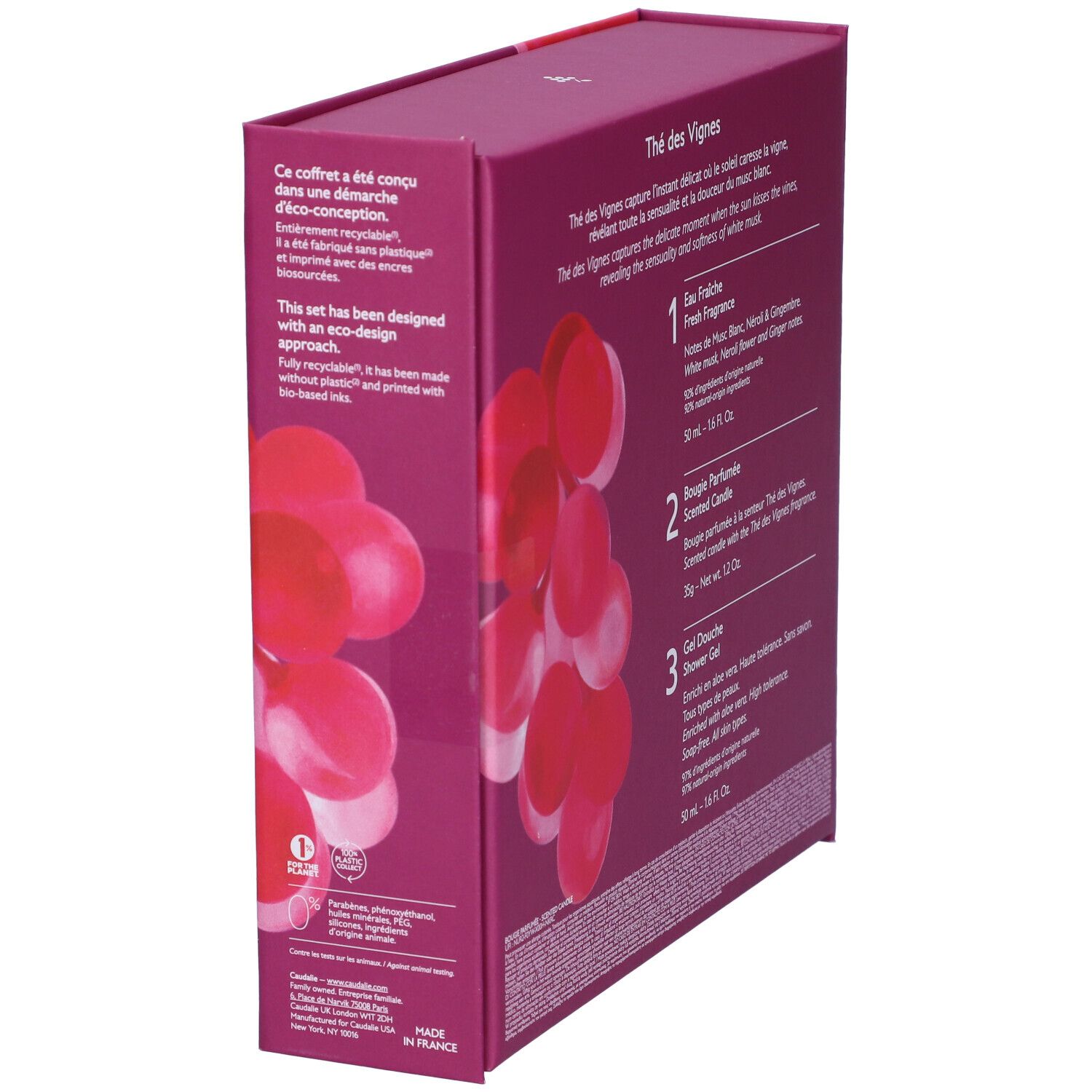 Confezione del set regalo, vista laterale. Viola con motivo floreale. Testo: Thé des Vignes. Eco-design.