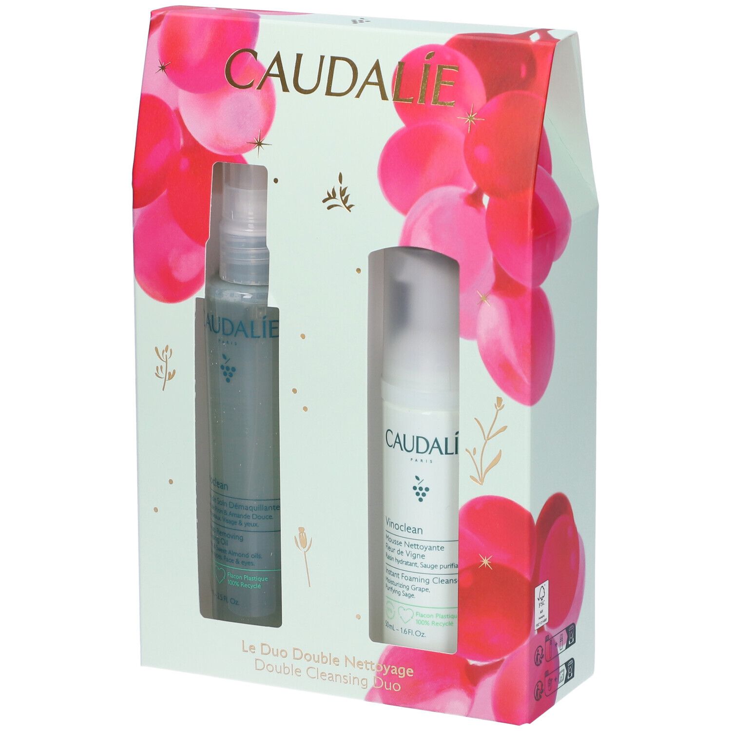 Caudalie Vinoclean Duo. Due flaconi in confezione regalo. Flacone spray e dispenser. Design floreale.