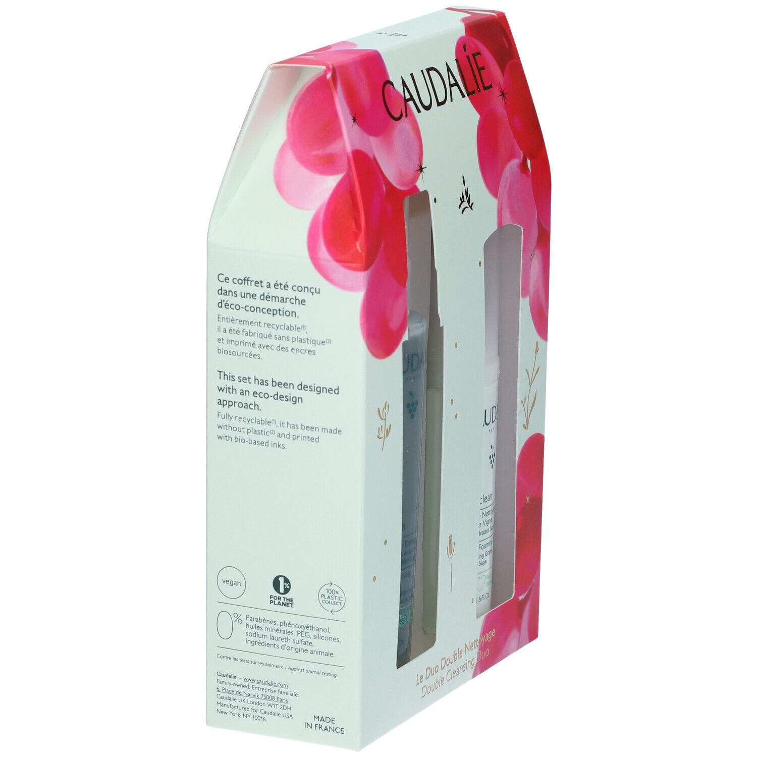 Retro della confezione regalo. Testo: Design ecologico. Vegano. Riciclabile. Prodotto in Francia.