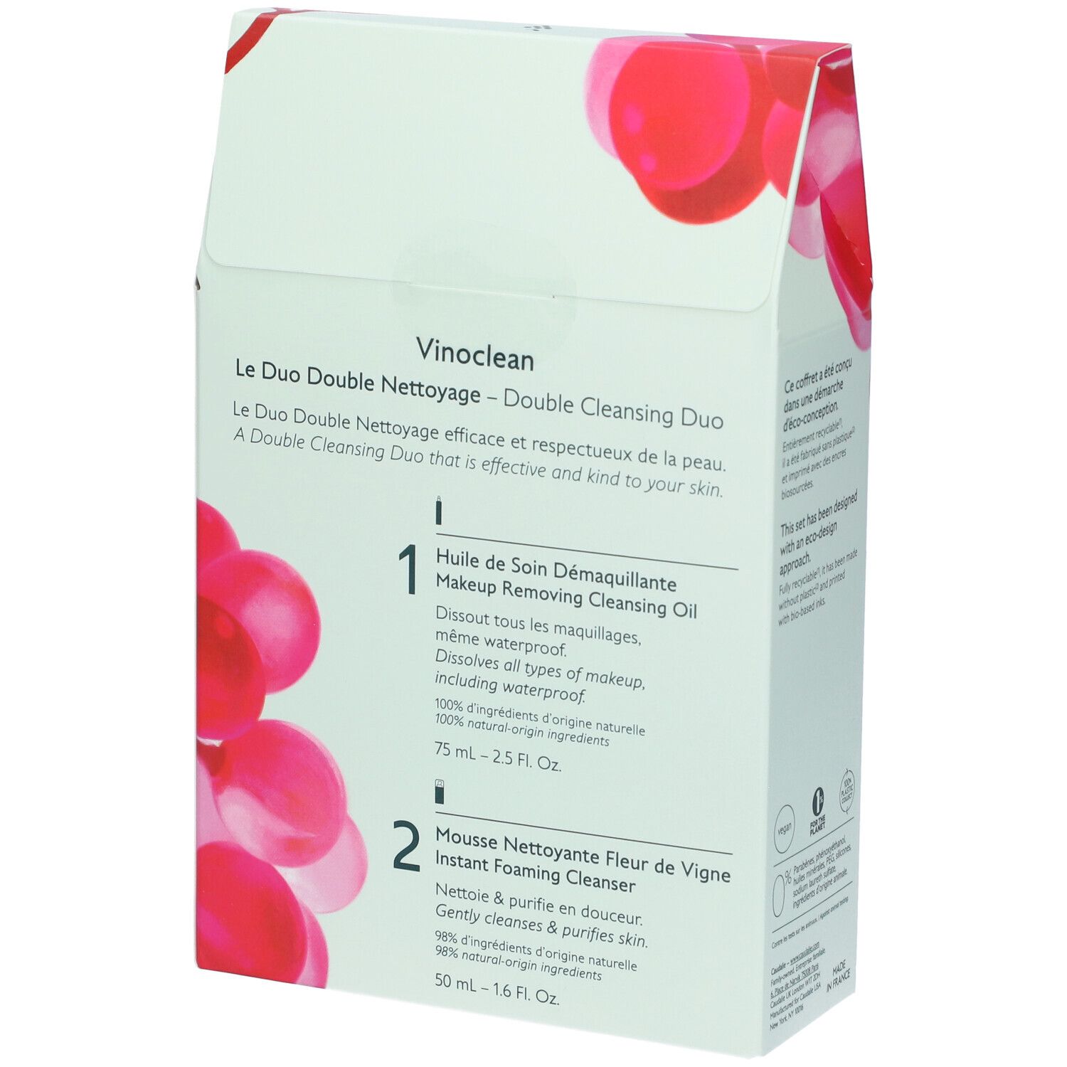 Retro della scatola. Testo: Vinoclean Duo. 1. Olio struccante. 2. Mousse detergente. Ingredienti.