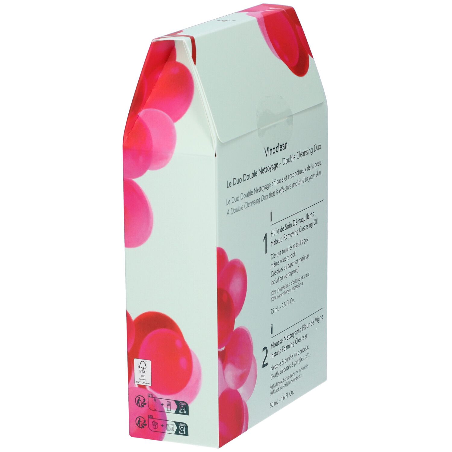 Vista laterale della scatola. Testo: Vinoclean Duo. Ingredienti. Vegano. Prodotto in Francia. Riciclo.