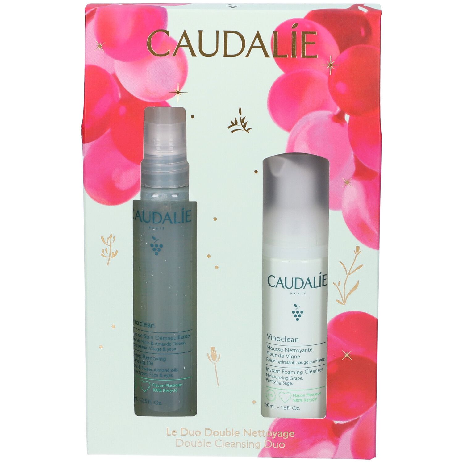 Caudalie Vinoclean Duo. Due flaconi in confezione regalo. Flacone spray e dispenser. Design floreale.