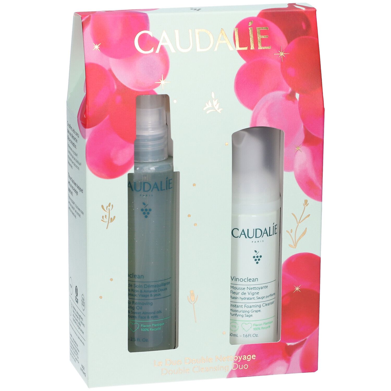 Caudalie Vinoclean Duo. Due flaconi in confezione regalo. Flacone spray e dispenser. Design floreale.