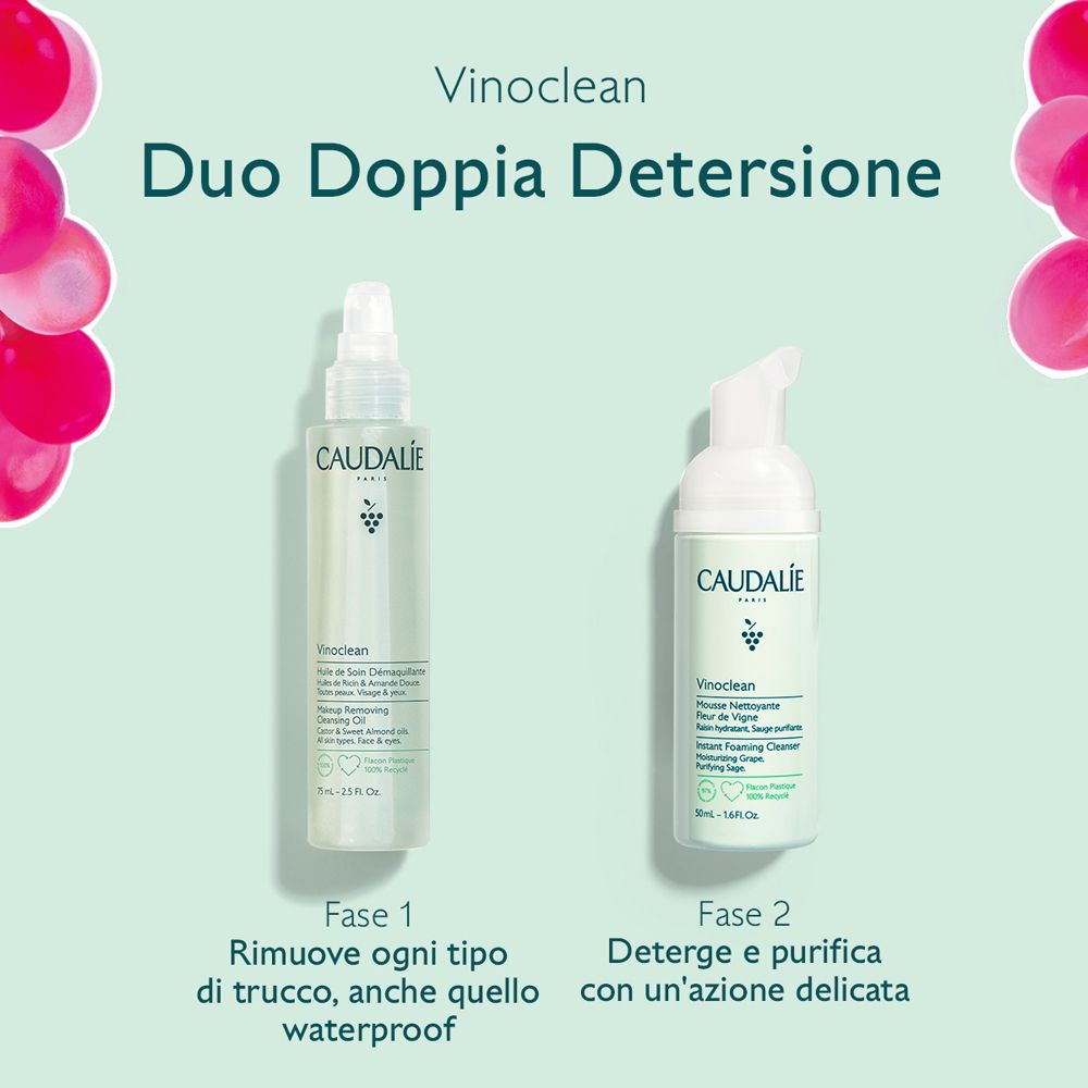 Vinoclean Duo Doppia Detersione. Due flaconi. Sinistra: flacone spray. Destra: dispenser. Testo: Fase 1, Fase 2.