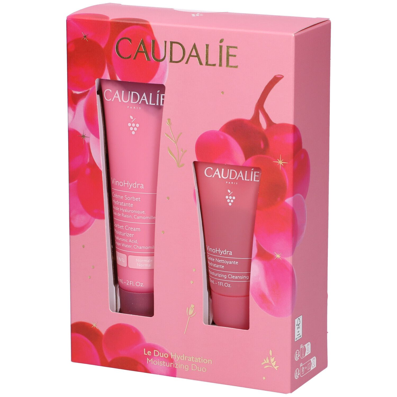 Confezione regalo rosa con due prodotti Caudalie. Stampa di uva e logo Caudalie. Duo Idratazione.