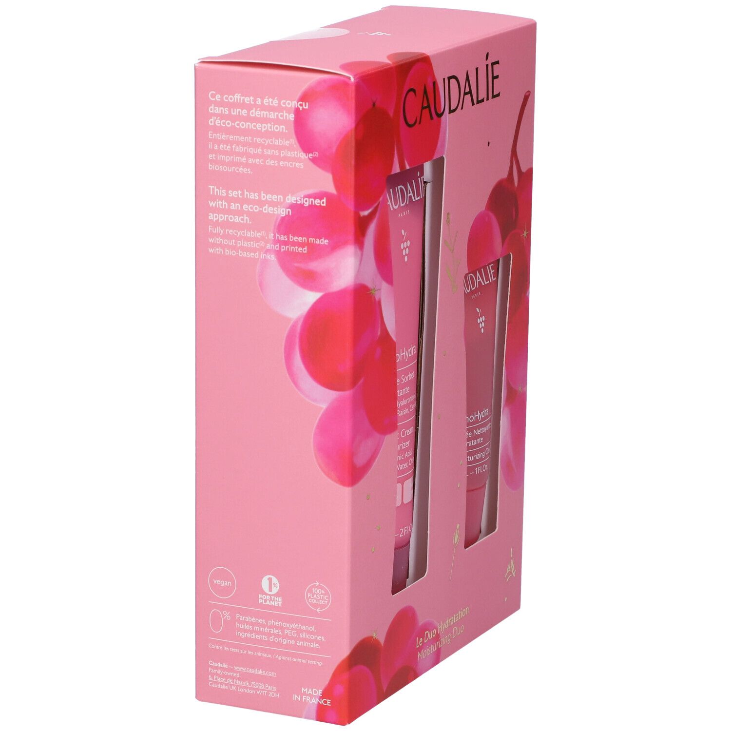 Confezione rosa con logo Caudalie e testo. Retro con informazioni sul prodotto e illustrazioni.