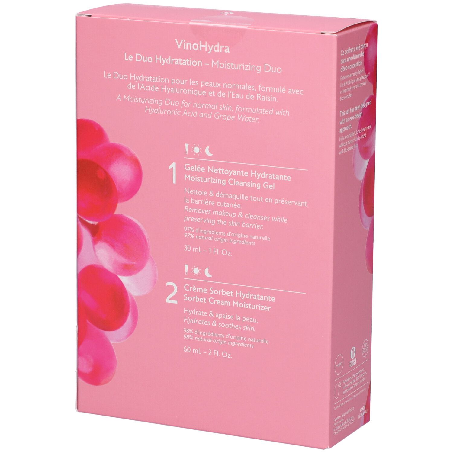 Retro della confezione rosa. Testo: VinoHydra Le Duo Hydratation. Informazioni sul prodotto e ingredienti.