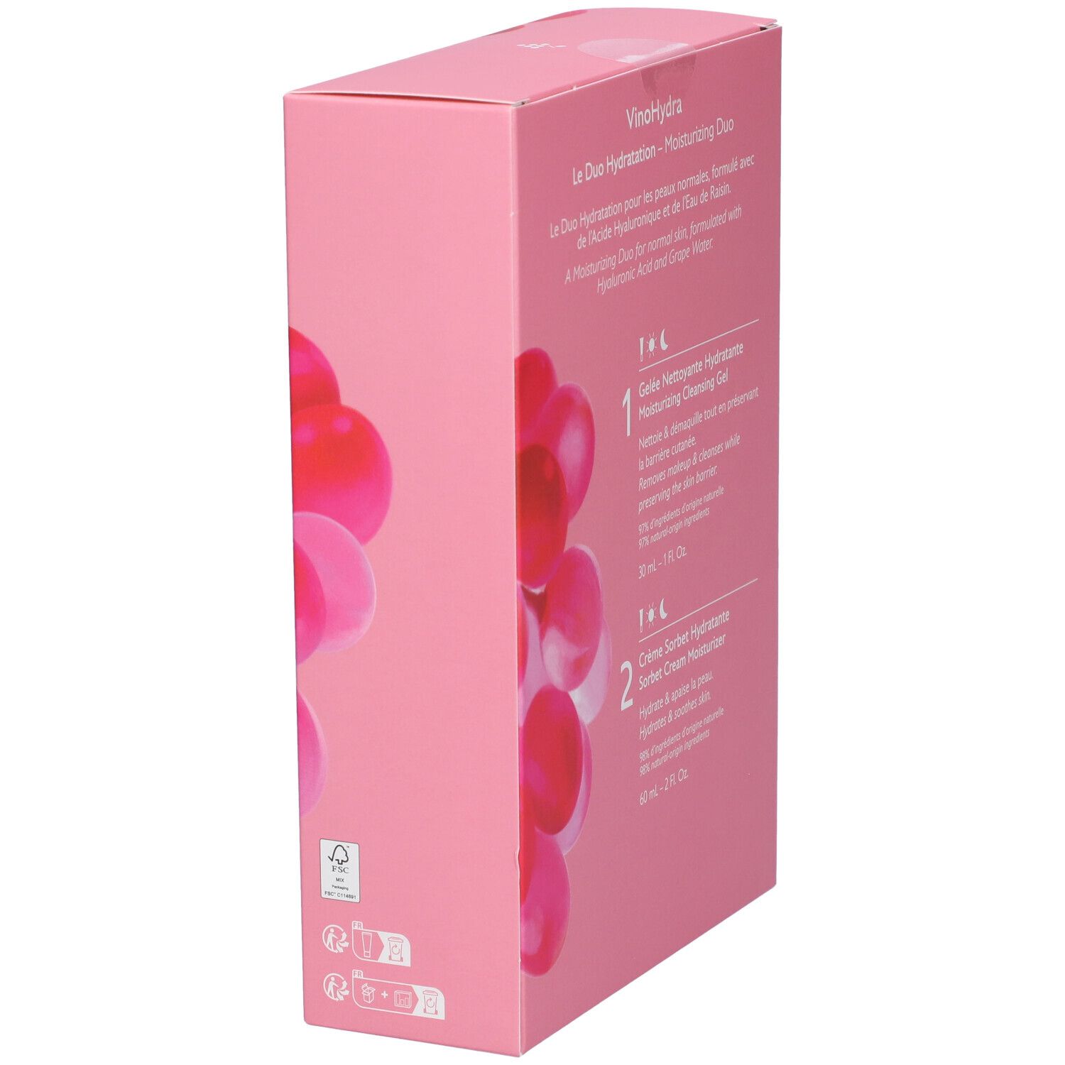 Vista laterale della confezione rosa. Testo: VinoHydra Le Duo Hydratation. Informazioni sul prodotto e illustrazioni.