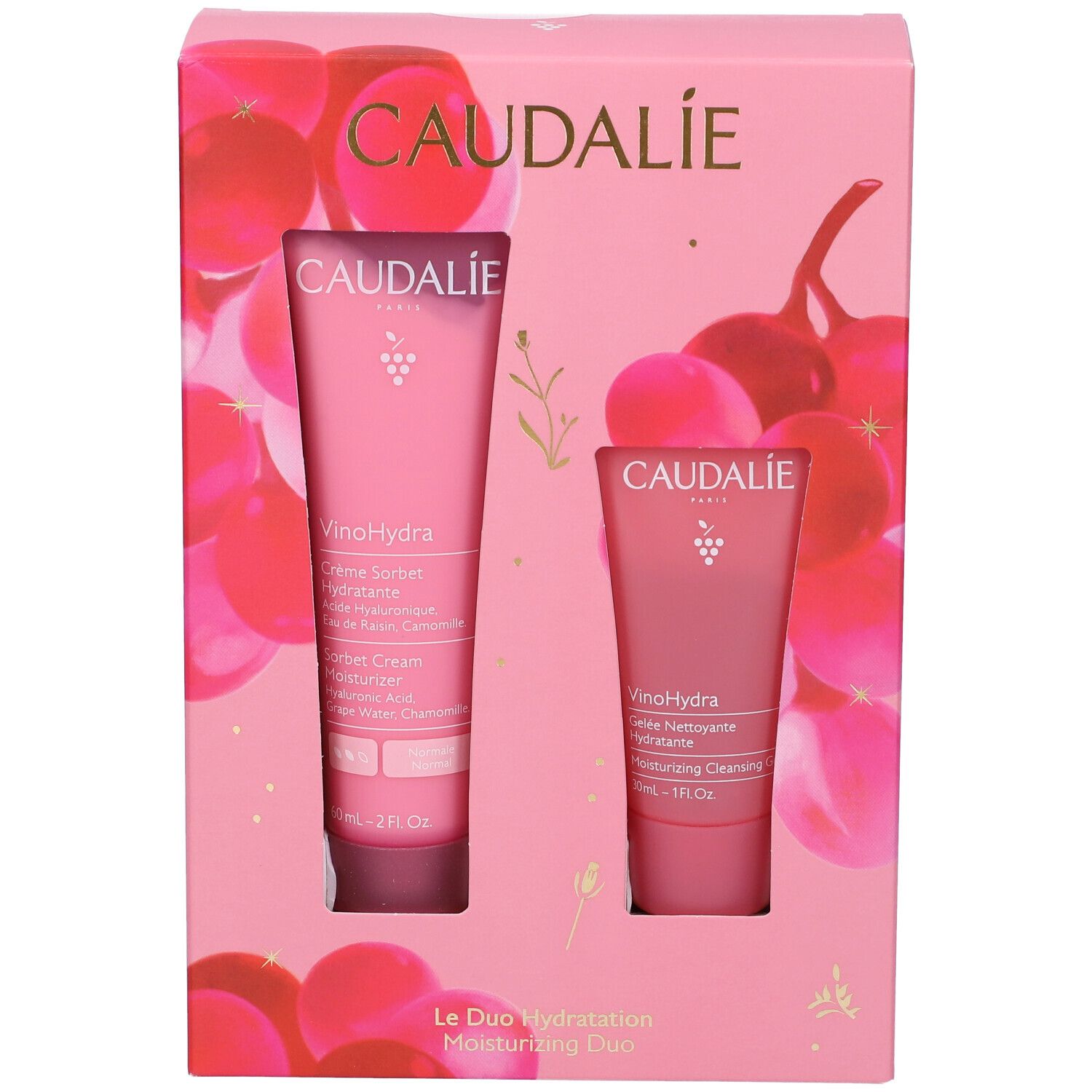 Confezione regalo rosa con due prodotti Caudalie. Stampa di uva e logo Caudalie. Duo Idratazione.
