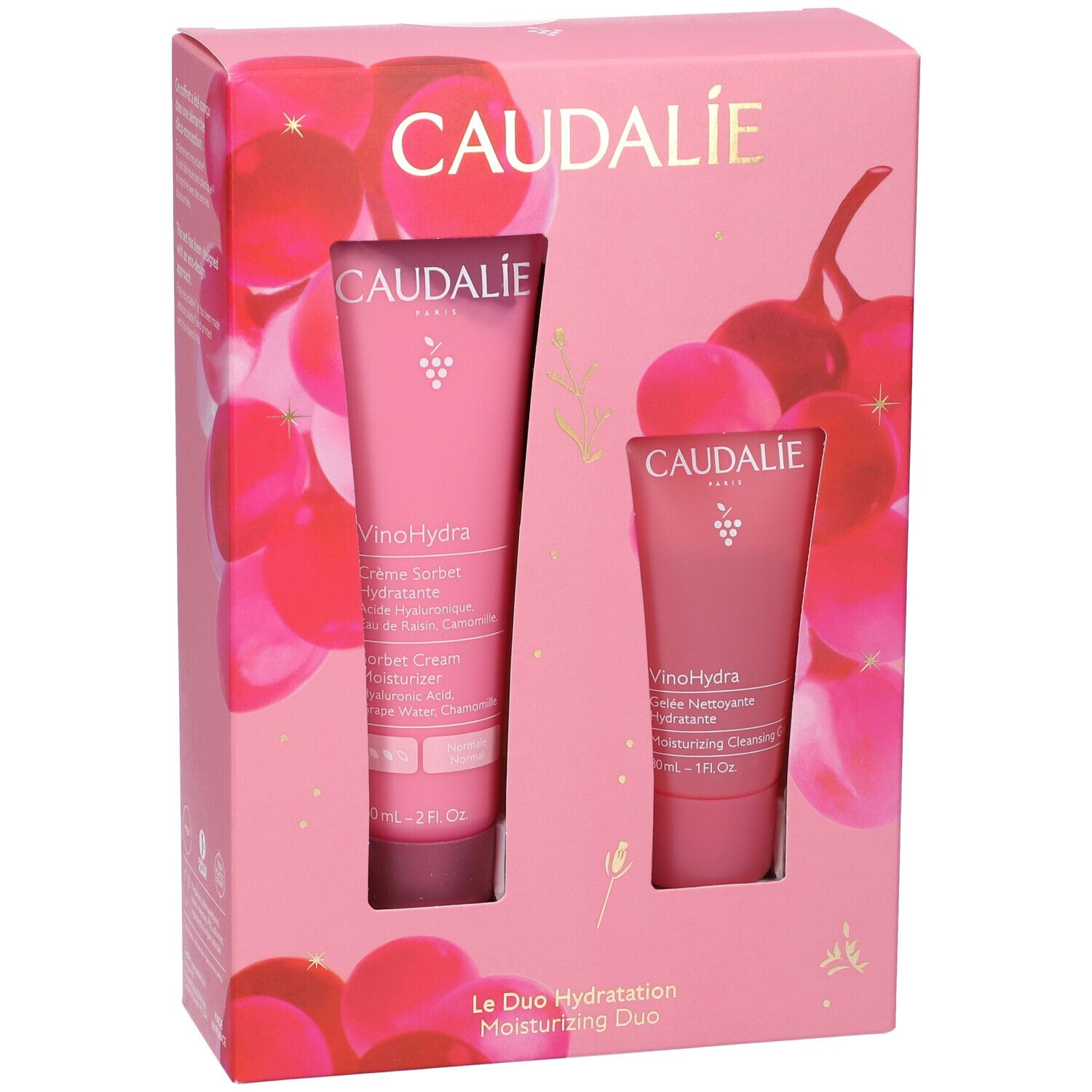 Confezione regalo rosa con due prodotti Caudalie. Stampa di uva e logo Caudalie. Duo Idratazione.