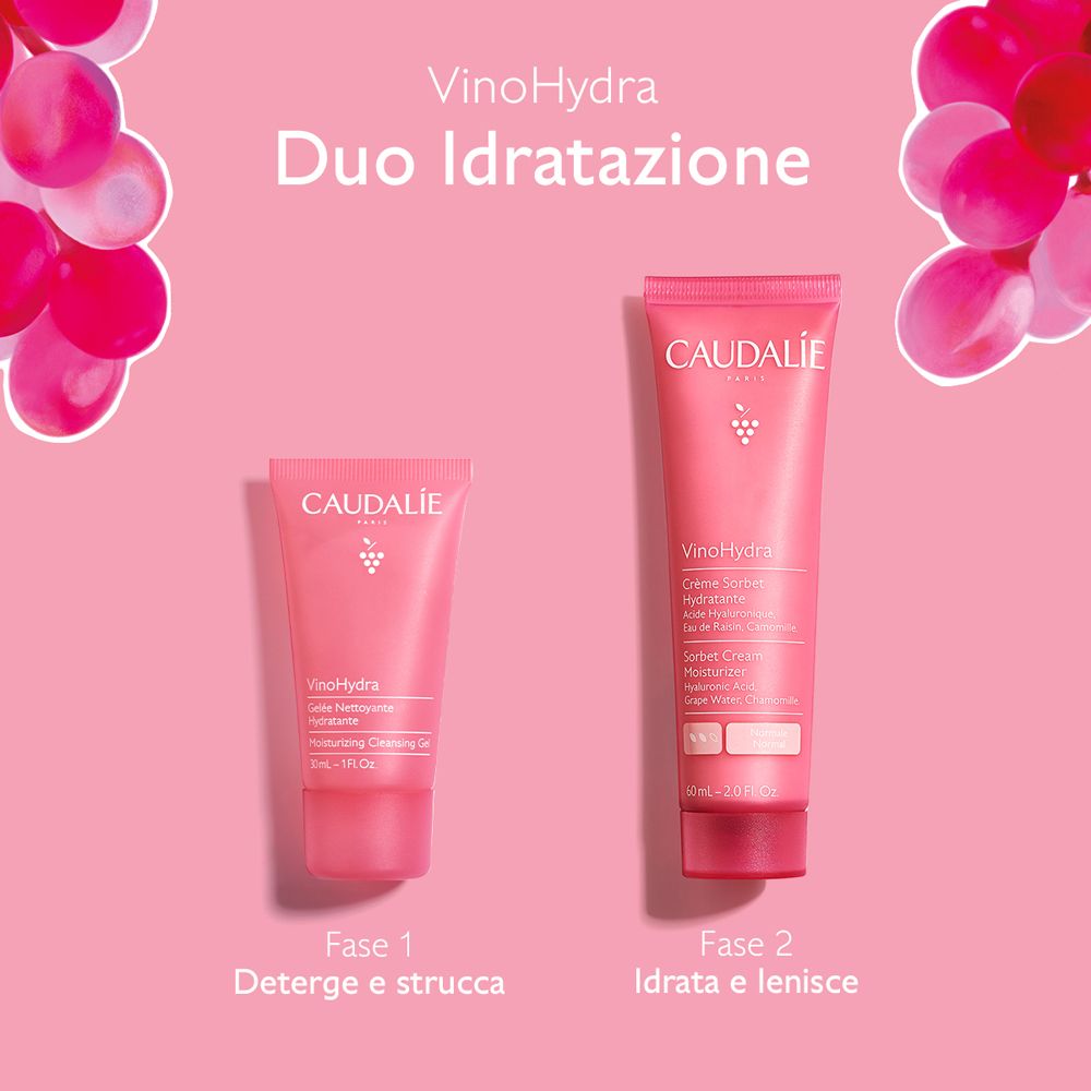 Due tubi rosa con logo Caudalie. Testo: VinoHydra Duo Idratazione. Sinistra: Gel detergente. Destra: Crema idratante.