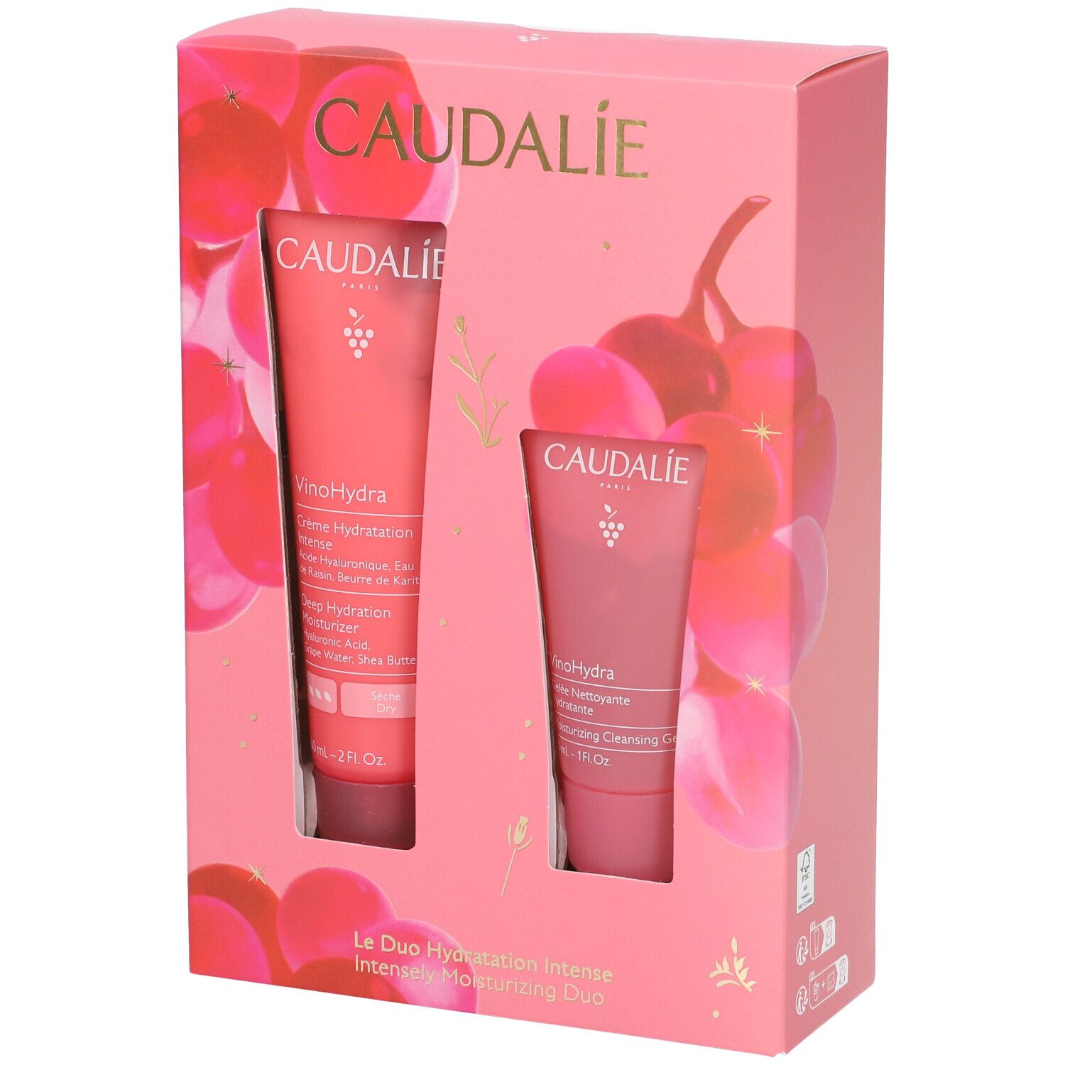 Cofanetto Caudalie con due tubi rosa. Scritta: VinoHydra. Confezione rosa con design a grappoli d'uva.