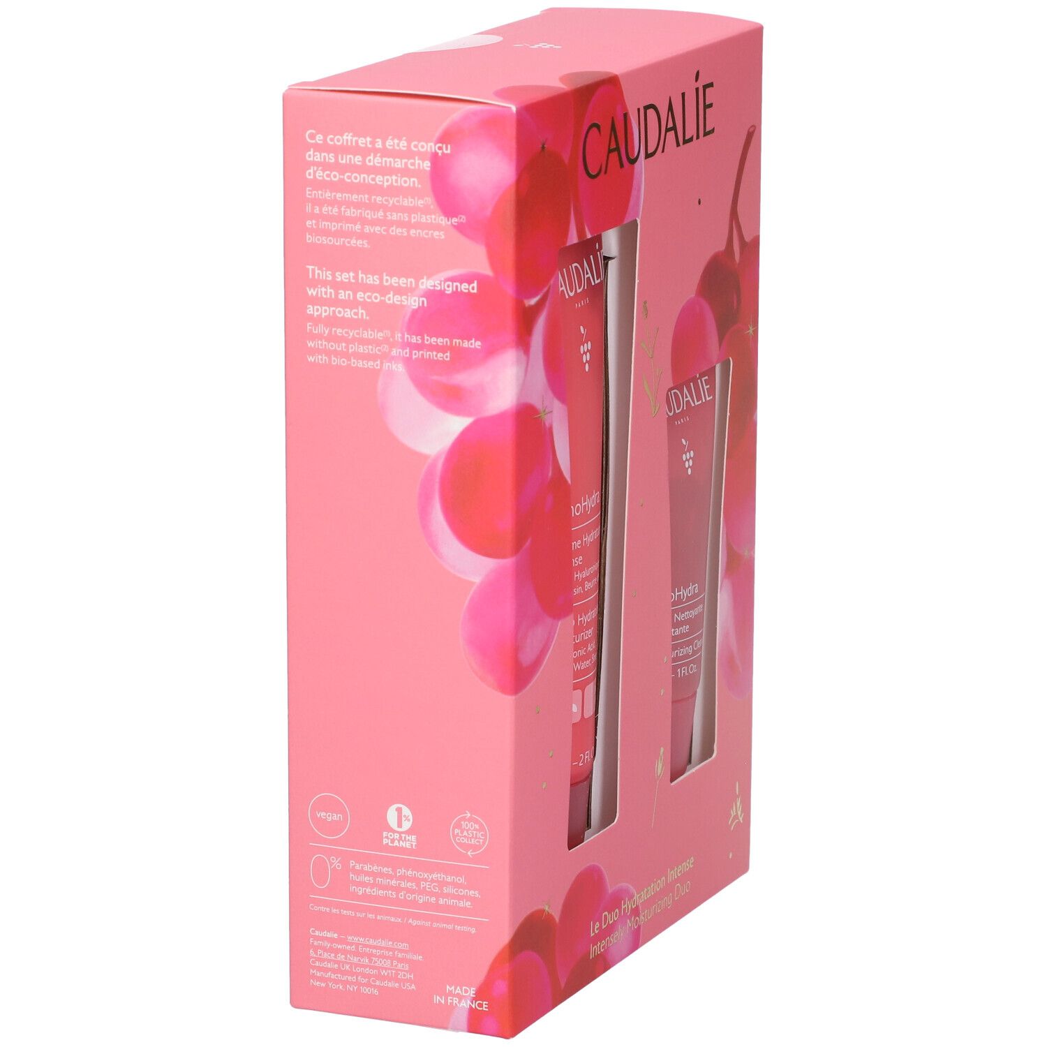Scatola regalo rosa con logo Caudalie. Scritta: VinoHydra. Retro con informazioni sul prodotto e illustrazioni.