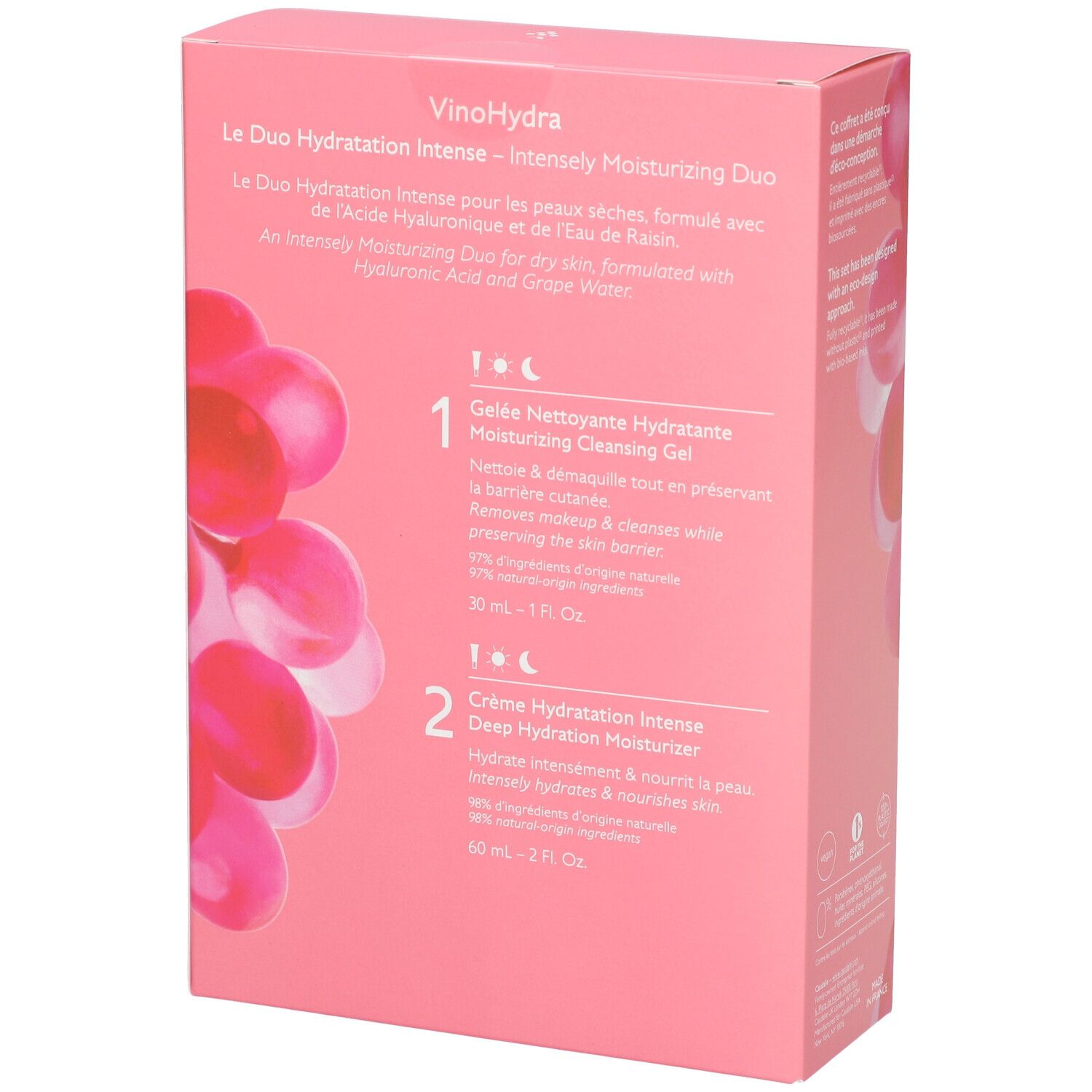 Scatola regalo rosa con logo Caudalie. Scritta: VinoHydra. Retro con informazioni sul prodotto e illustrazioni.